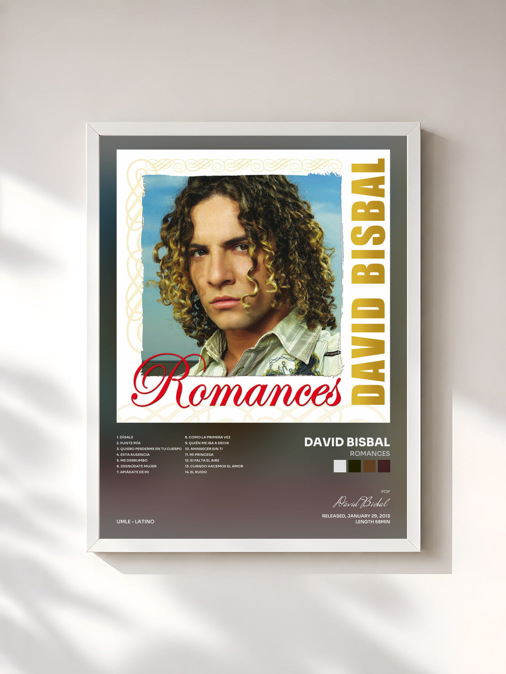 #blanc Tableau de l'album Romances de David Bisbal, cadre blanc, imprimé et encadré en France