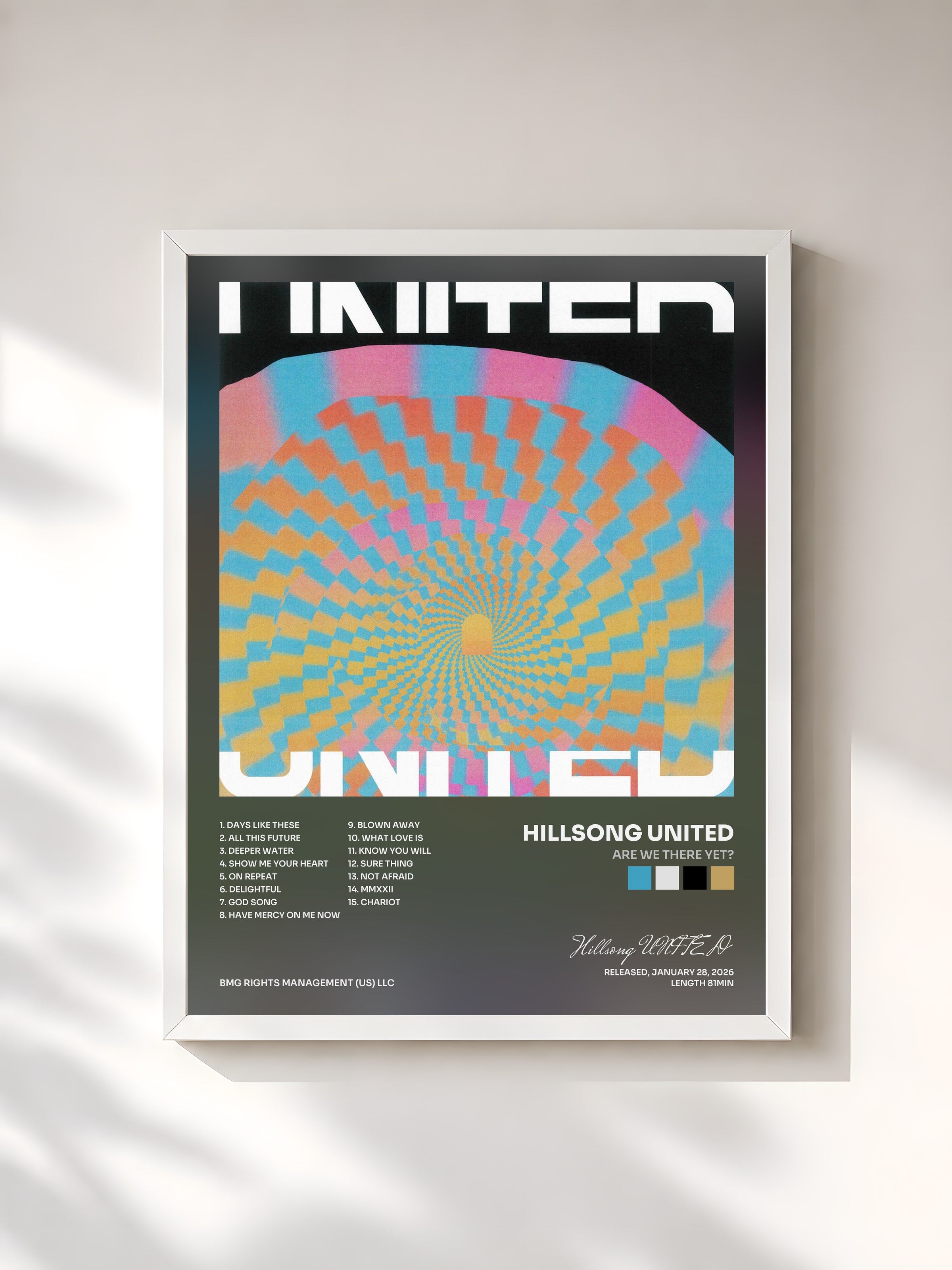 #blanc Tableau de l'album Are We There Yet? de Hillsong UNITED, cadre blanc, imprimé et encadré en France