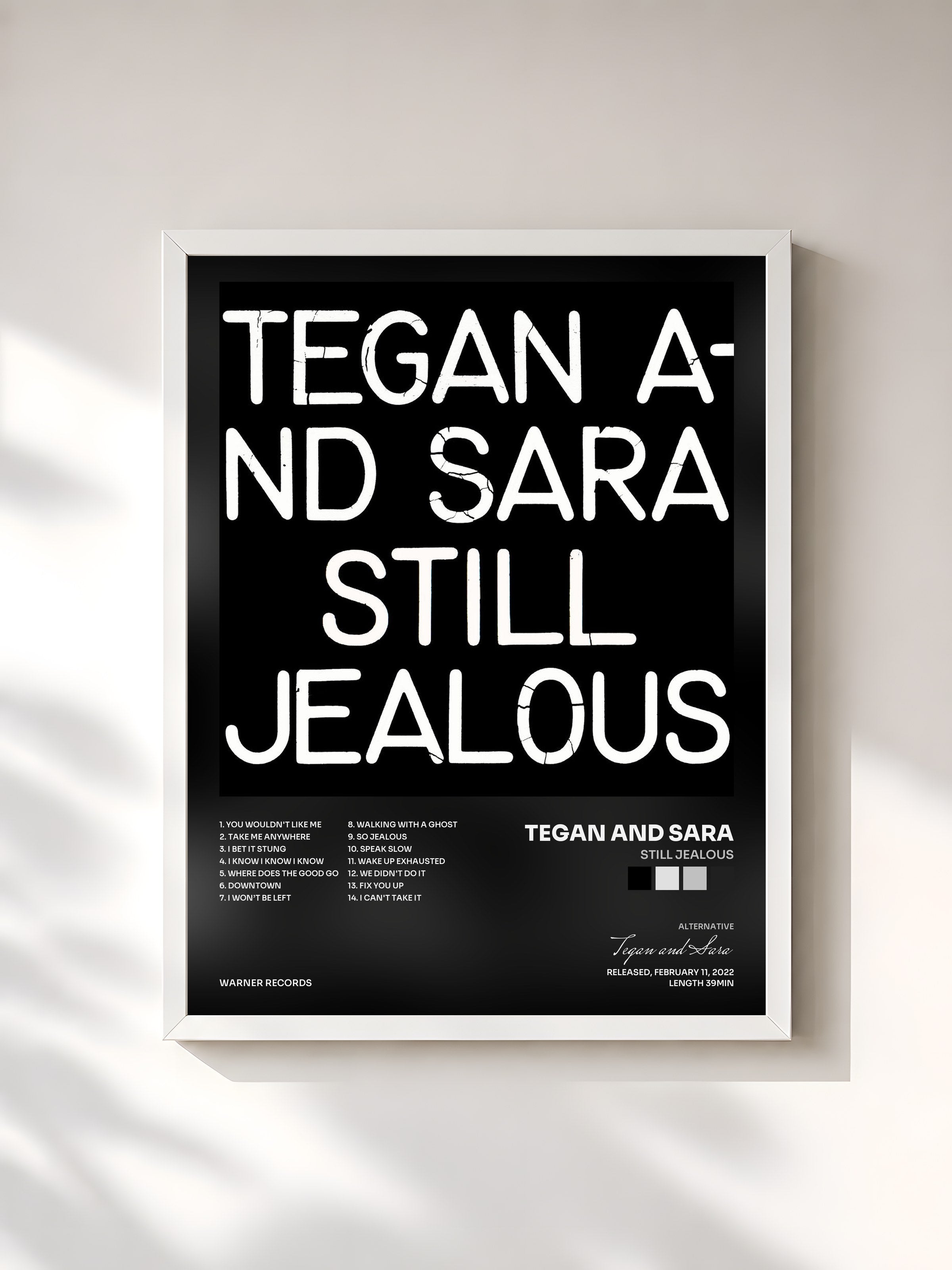 #blanc Tableau de l'album Still Jealous de Tegan and Sara, cadre blanc, imprimé et encadré en France