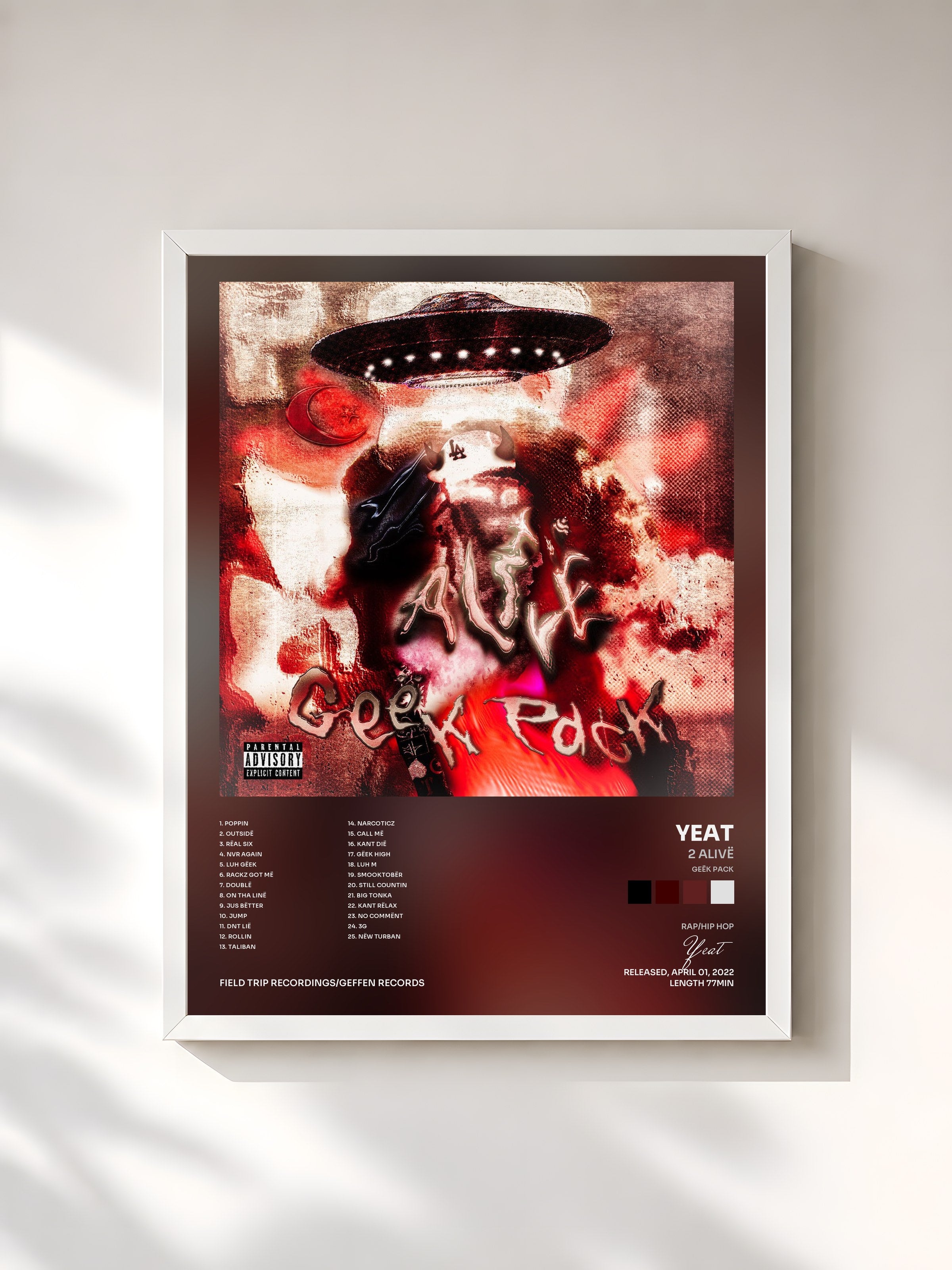 #blanc Tableau de l'album 2 Alivë (Geëk Pack) de Yeat, cadre blanc, imprimé et encadré en France