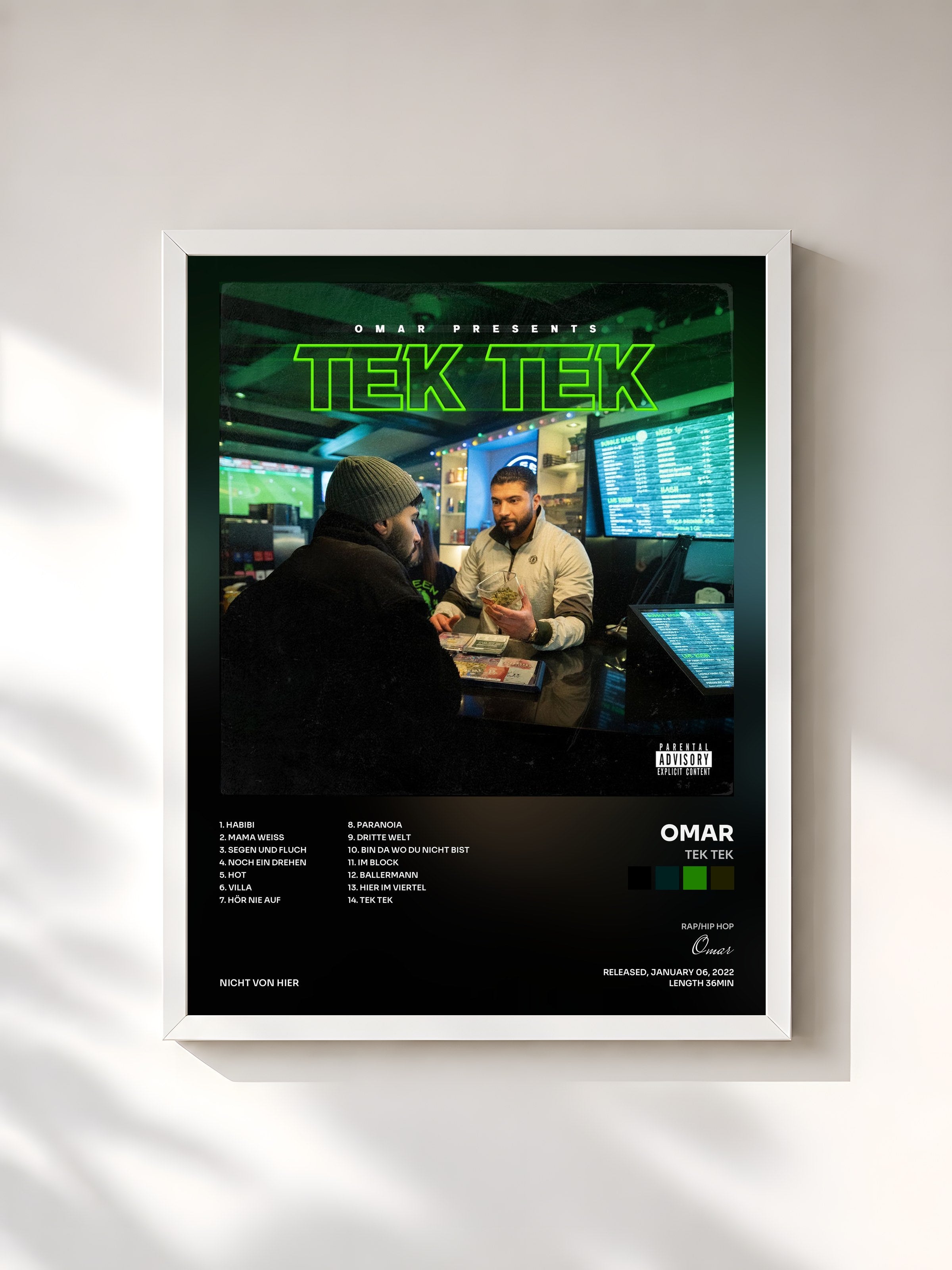#blanc Tableau de l'album TEK TEK de Omar, cadre blanc, imprimé et encadré en France