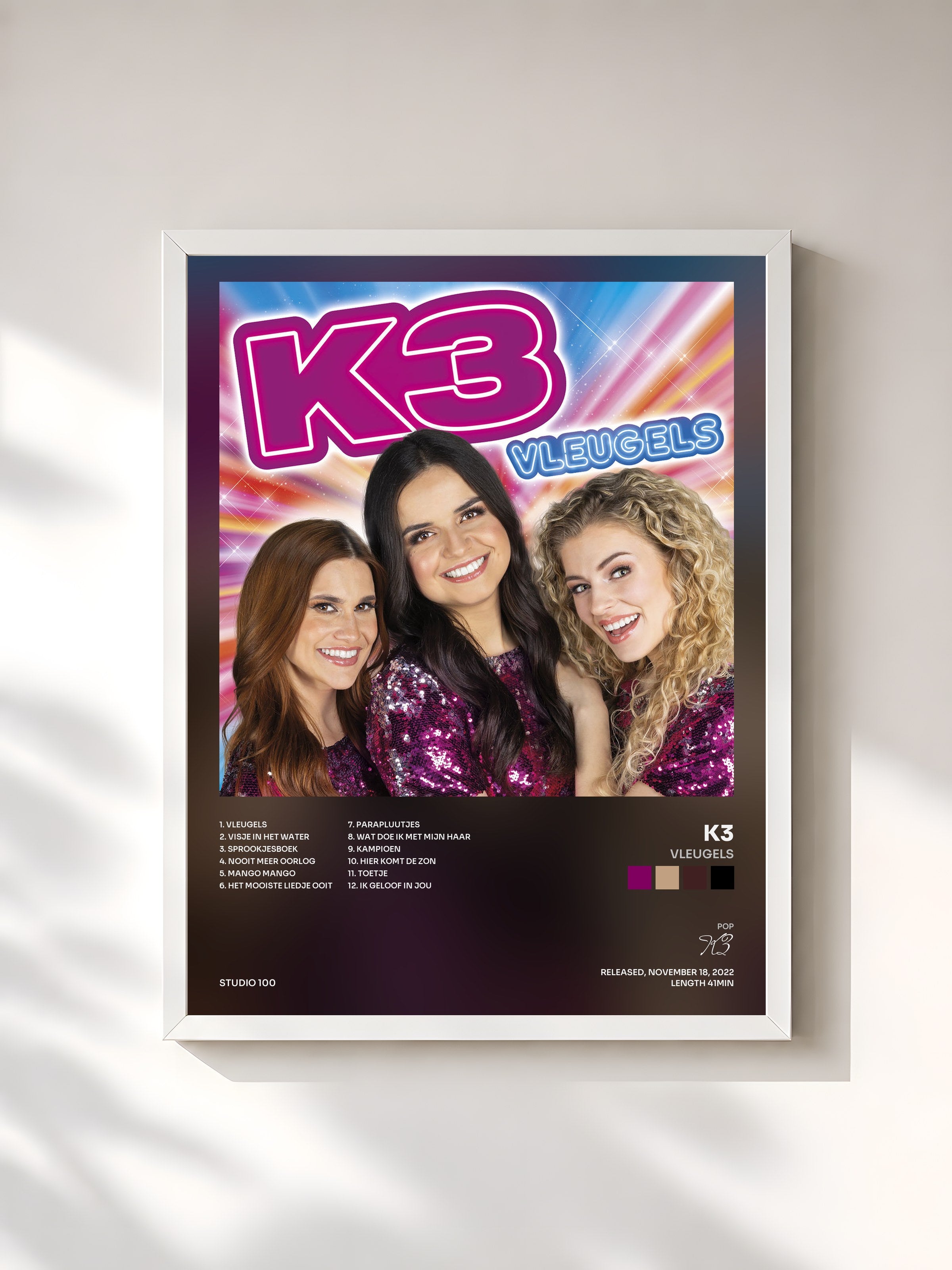 #blanc Tableau de l'album Vleugels de K3, cadre blanc, imprimé et encadré en France