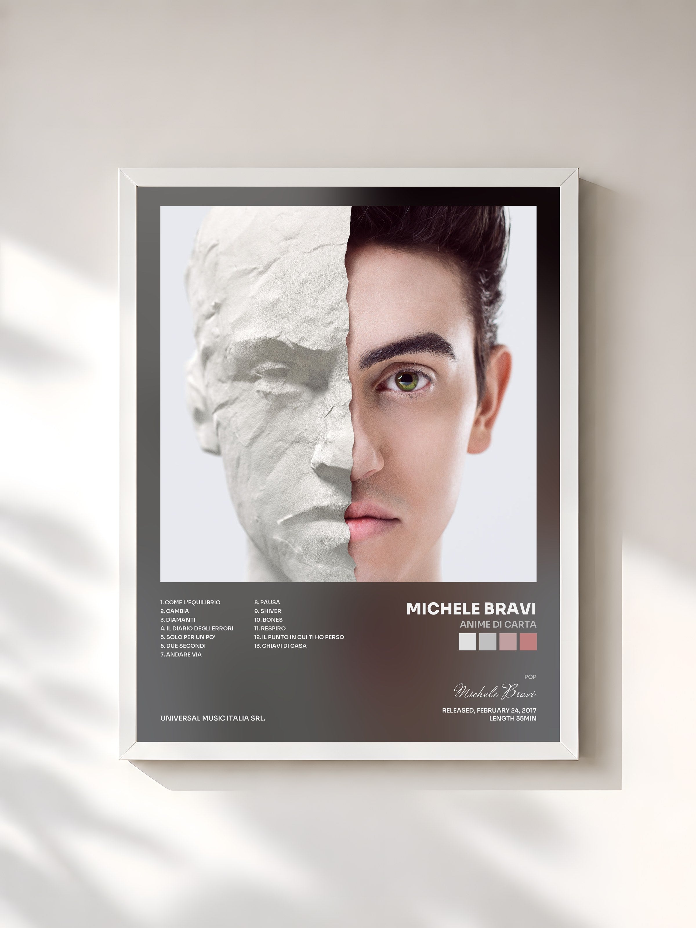 #blanc Tableau de l'album Anime Di Carta de Michele Bravi, cadre blanc, imprimé et encadré en France