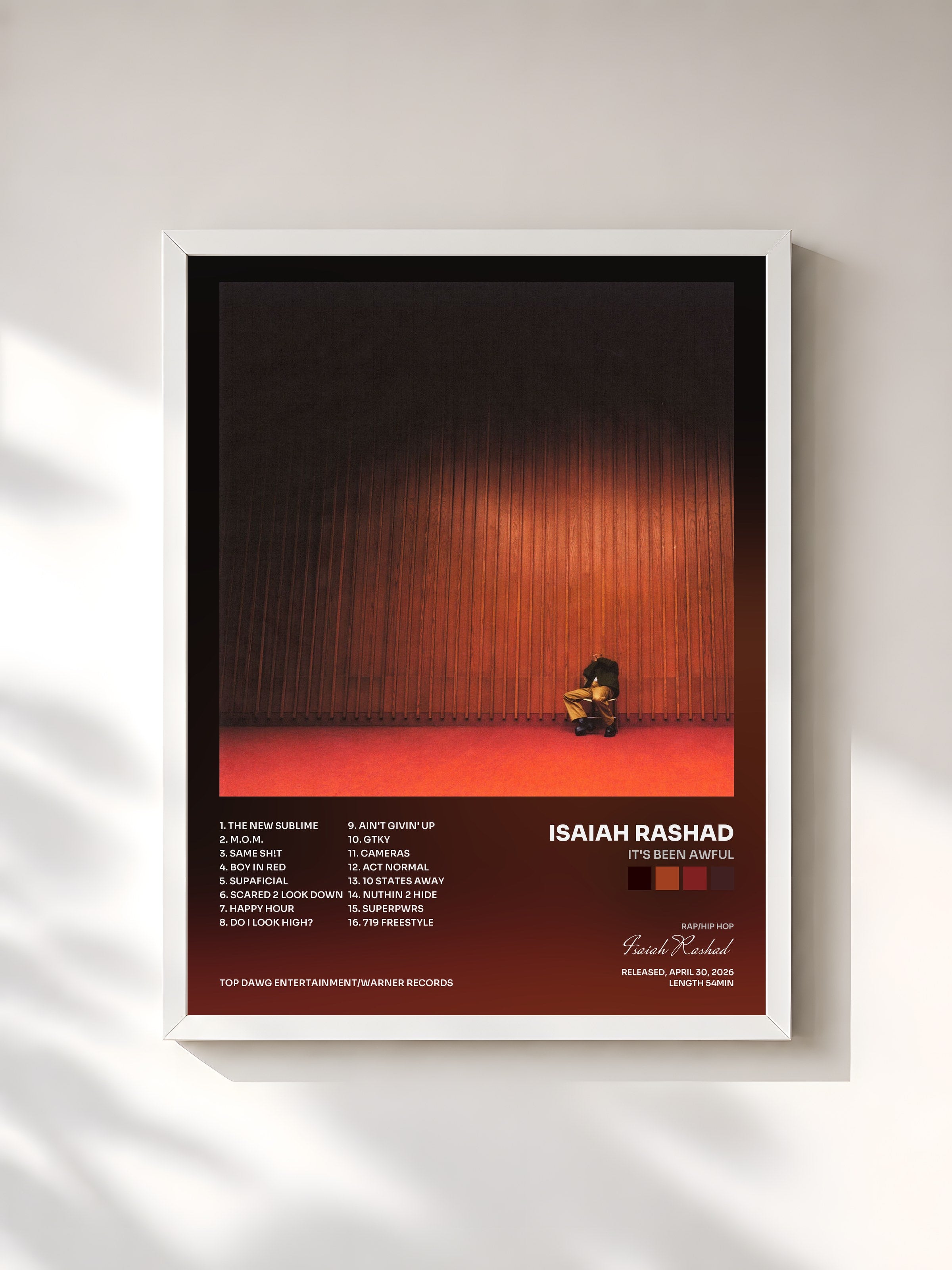 #blanc Tableau de l'album IT'S BEEN AWFUL de Isaiah Rashad, cadre blanc, imprimé et encadré en France