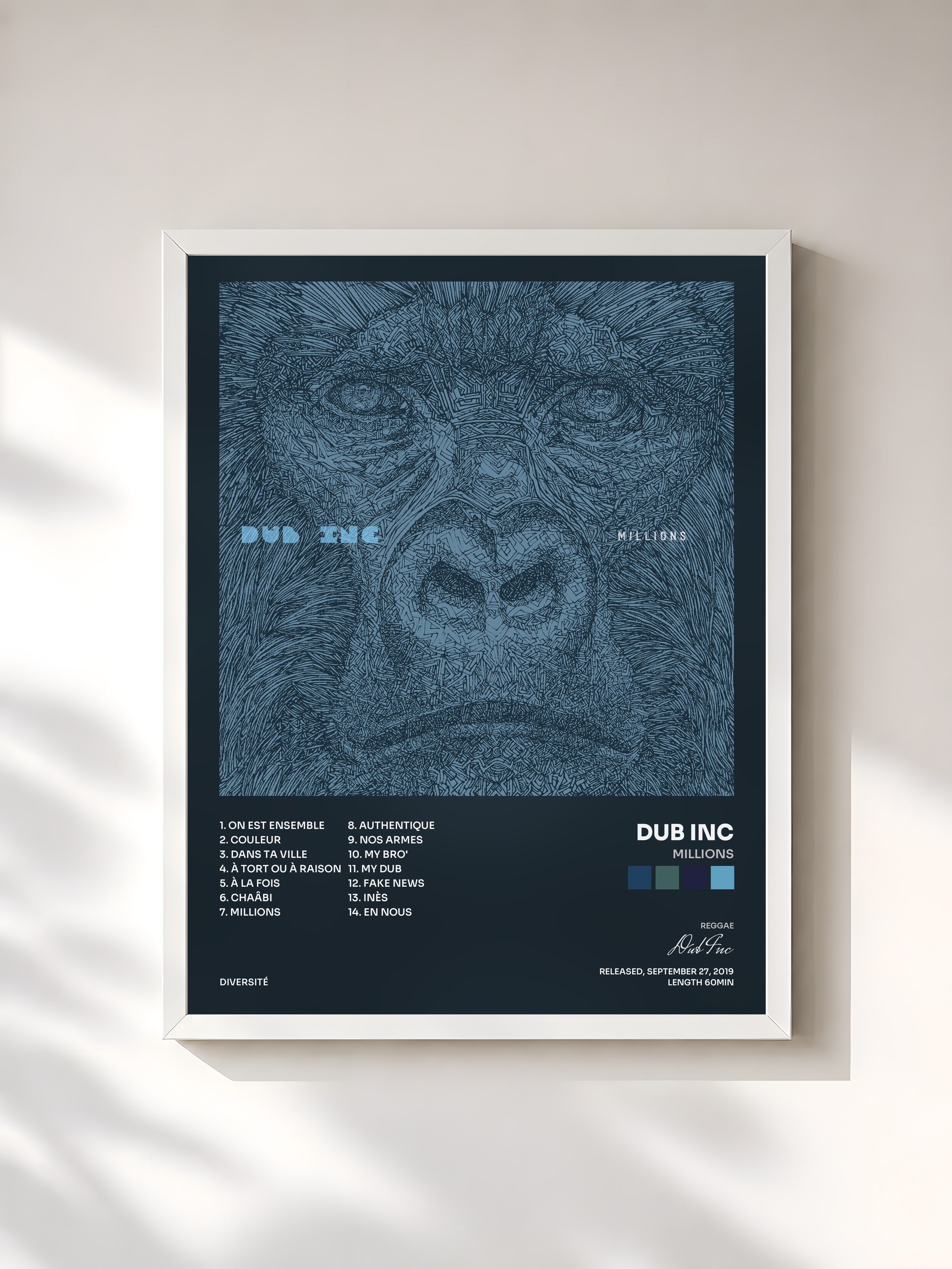 #blanc Tableau de l'album Millions de Dub Inc, cadre blanc, imprimé et encadré en France
