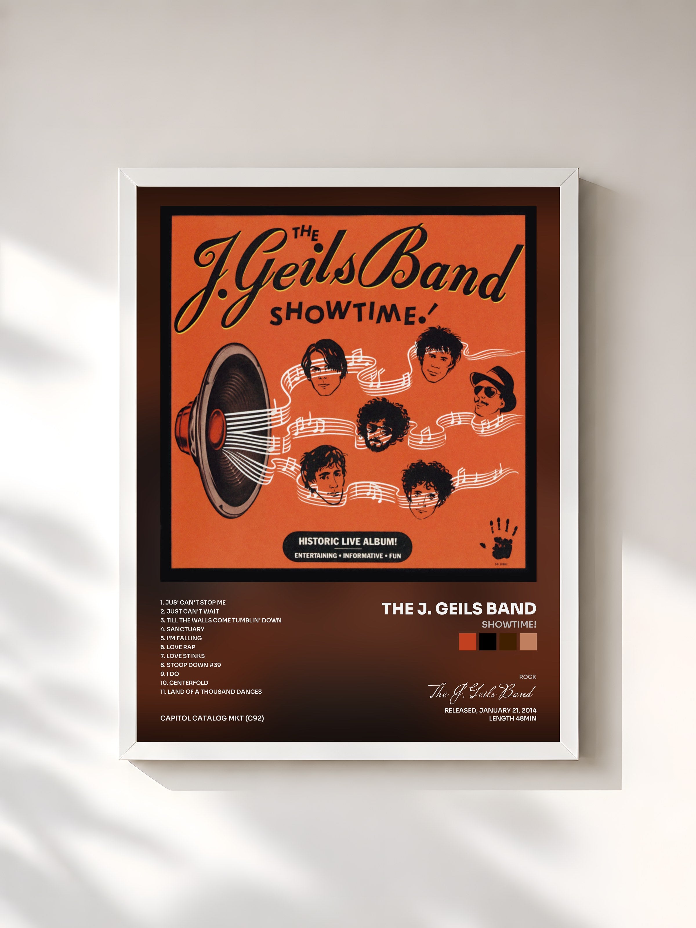 #blanc Tableau de l'album Showtime! de The J. Geils Band, cadre blanc, imprimé et encadré en France