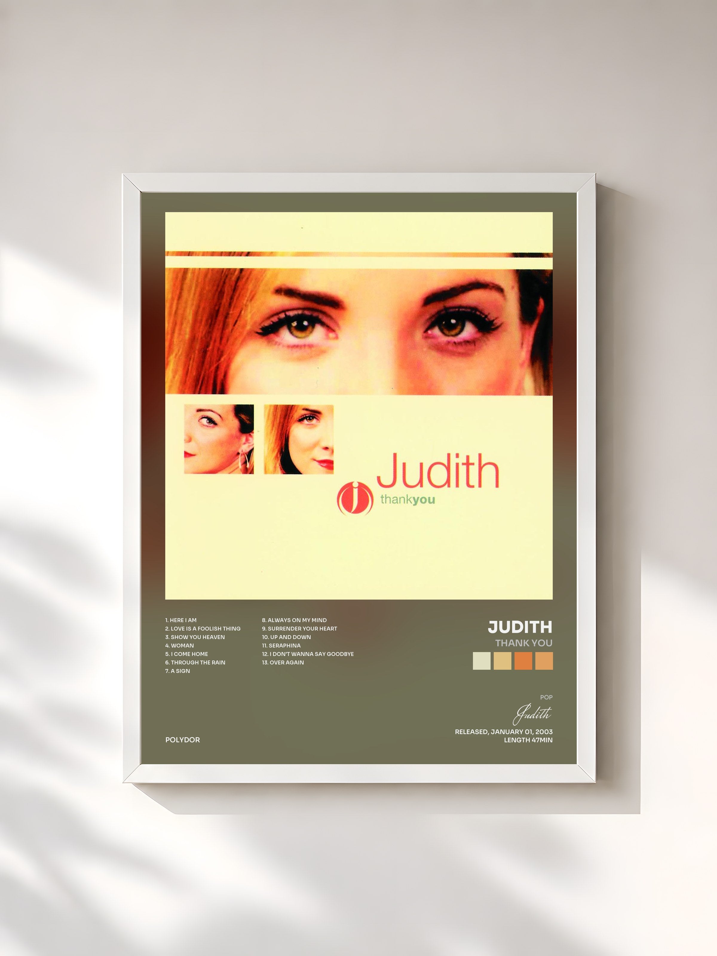 #blanc Tableau de l'album Thank You de Judith, cadre blanc, imprimé et encadré en France