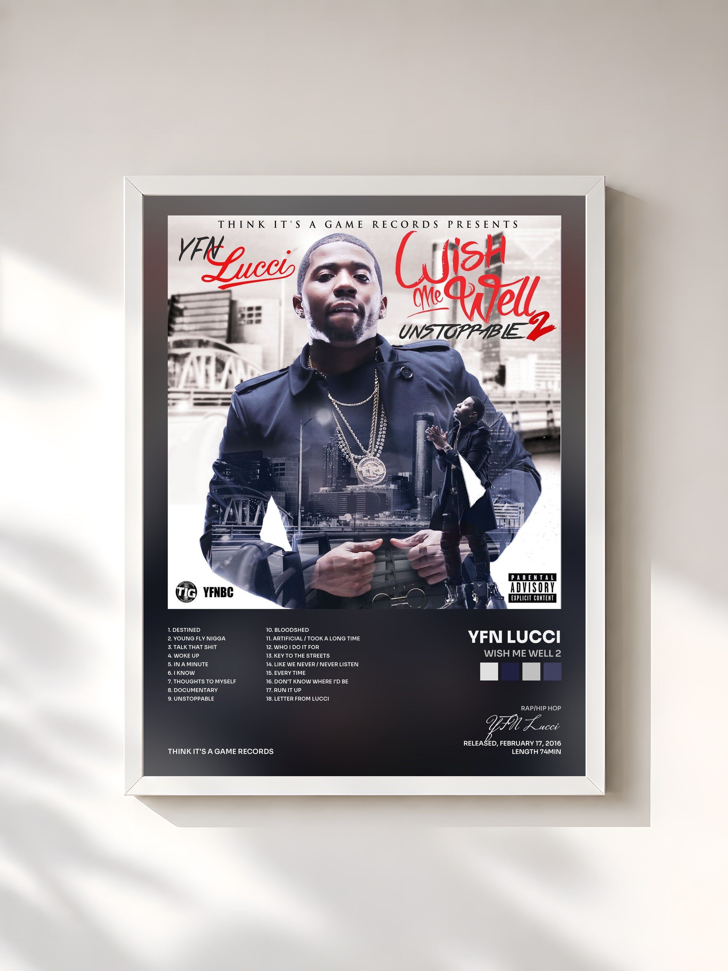 #blanc Tableau de l'album Wish Me Well 2 de YFN Lucci, cadre blanc, imprimé et encadré en France