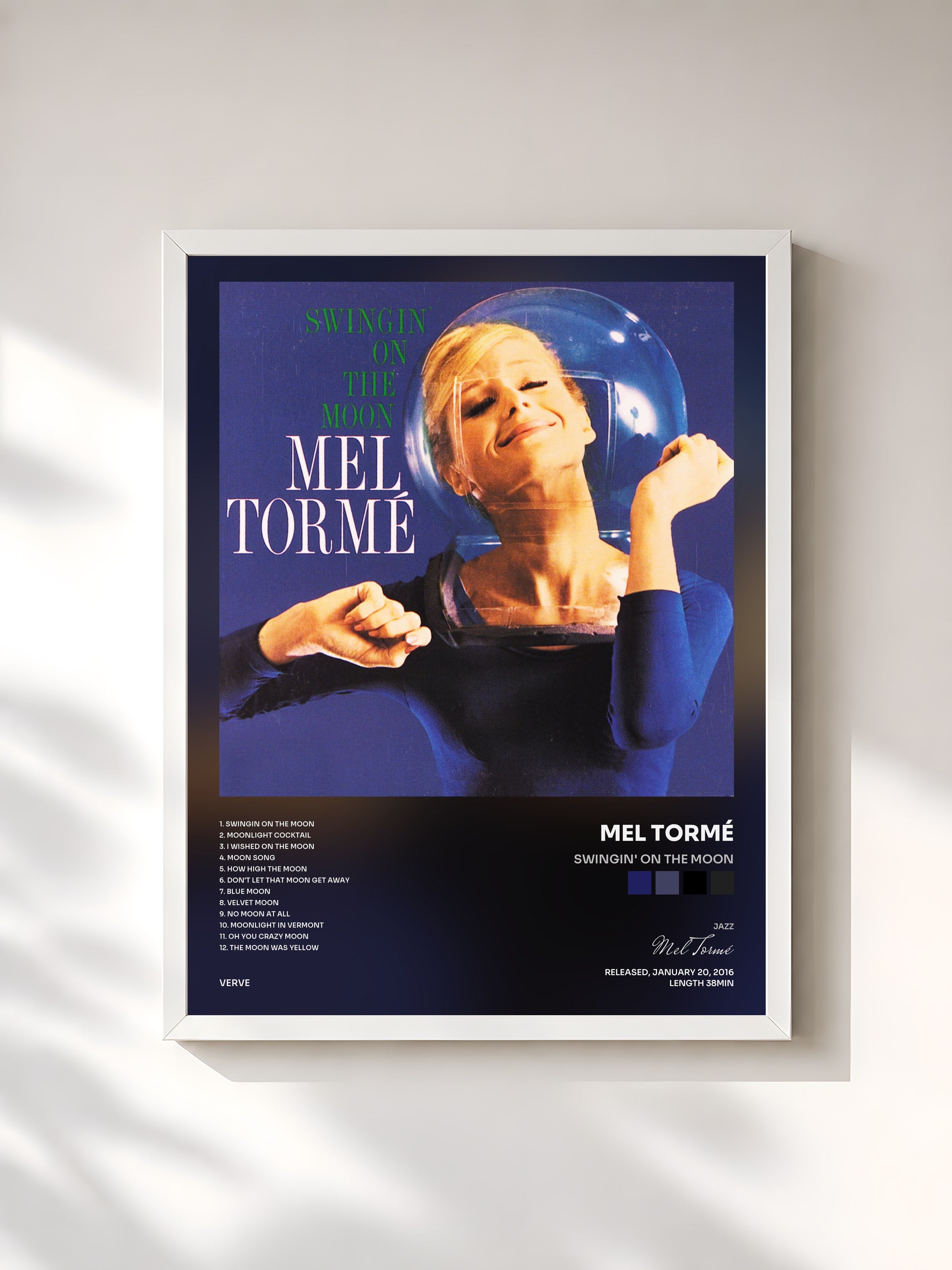 #blanc Tableau de l'album Swingin' On The Moon de Mel Tormé, cadre blanc, imprimé et encadré en France