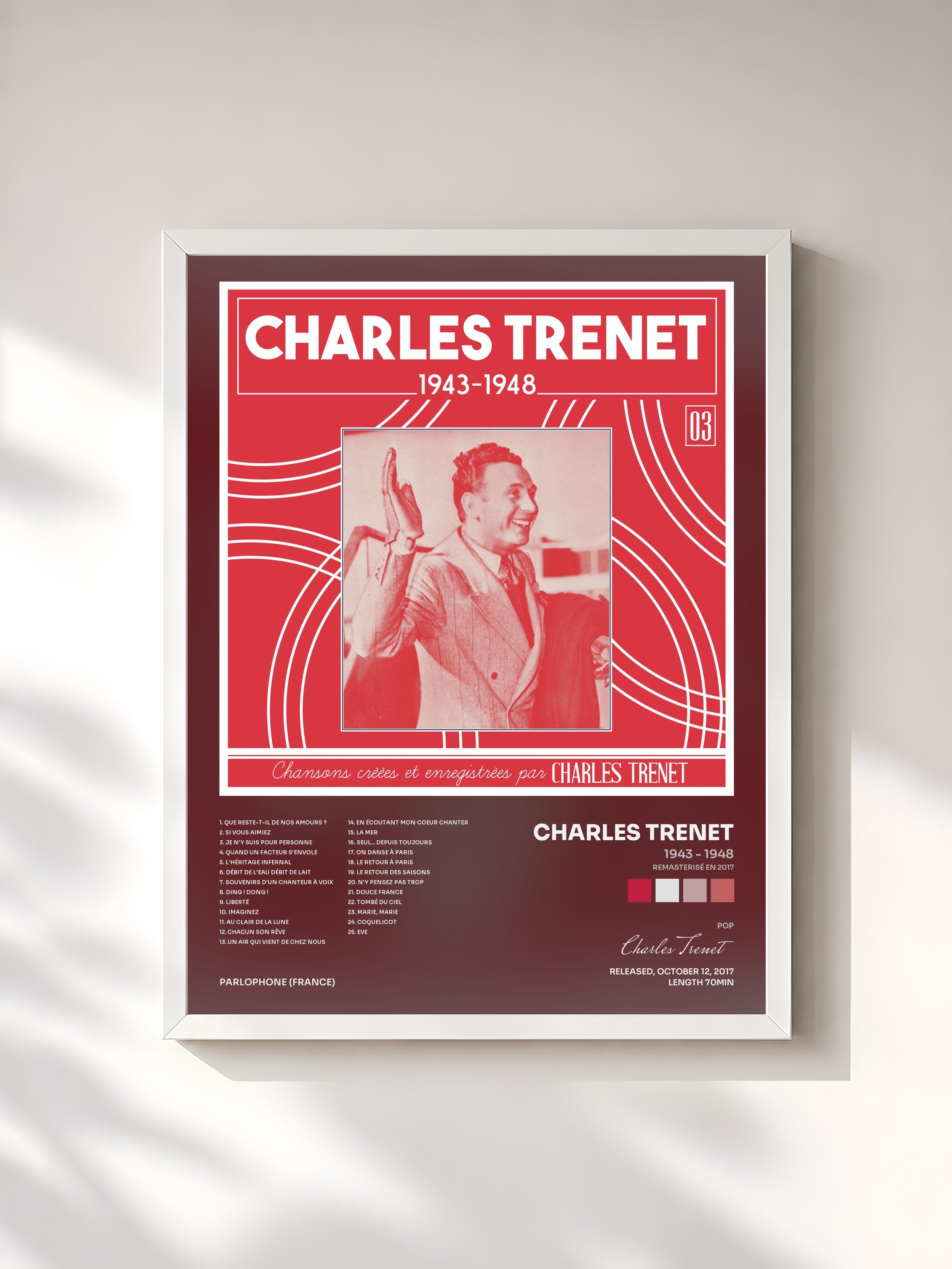 #blanc Tableau de l'album 1943 - 1948 (Remasterisé en 2017) de Charles Trenet, cadre blanc, imprimé et encadré en France