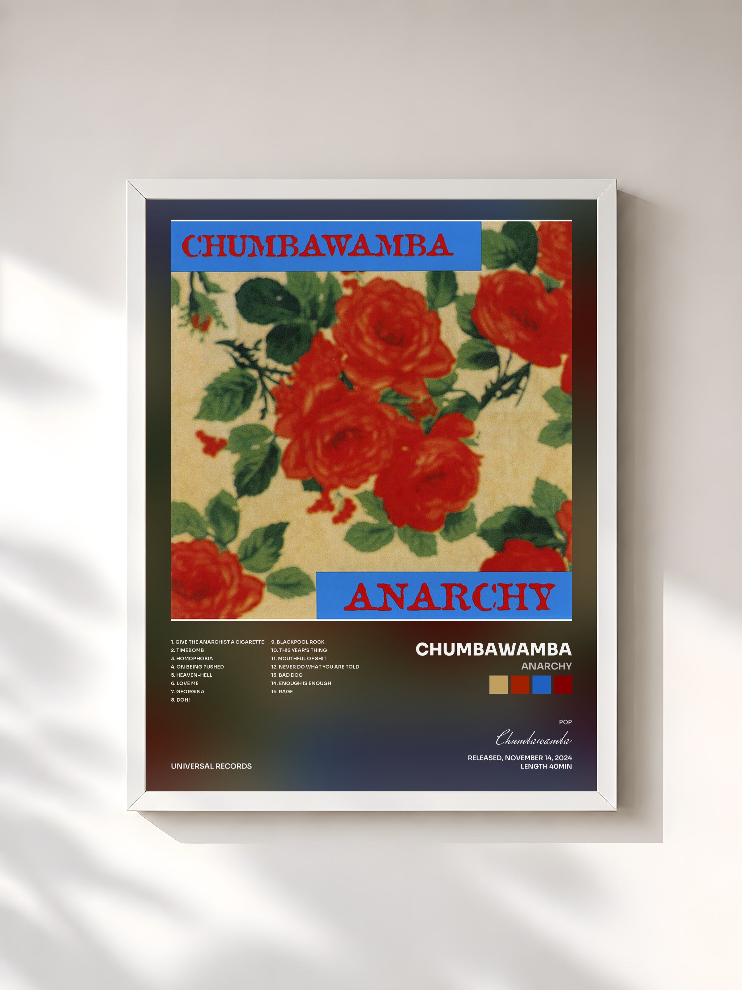 #blanc Tableau de l'album Anarchy de Chumbawamba, cadre blanc, imprimé et encadré en France