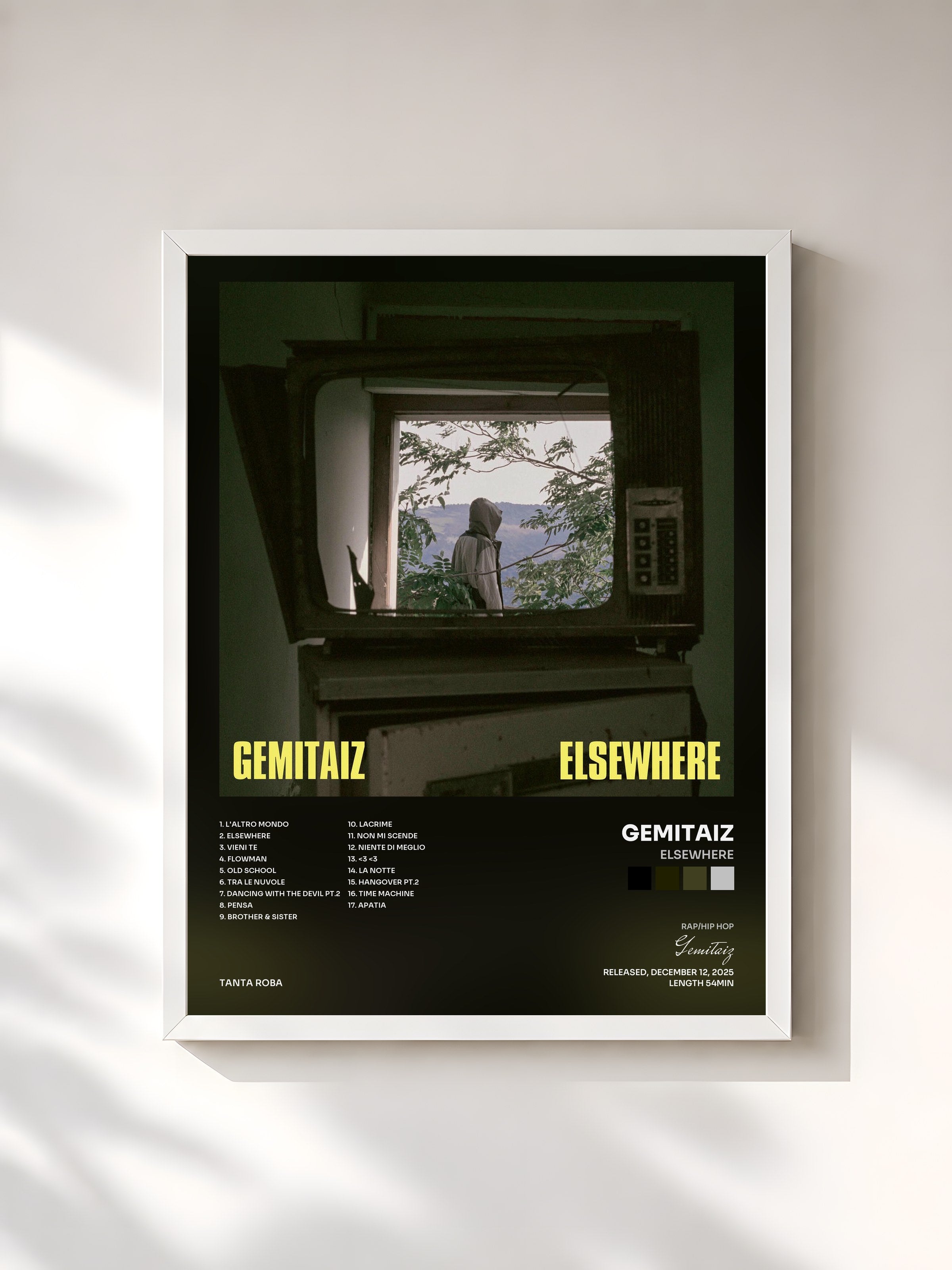 #blanc Tableau de l'album ELSEWHERE de Gemitaiz, cadre blanc, imprimé et encadré en France