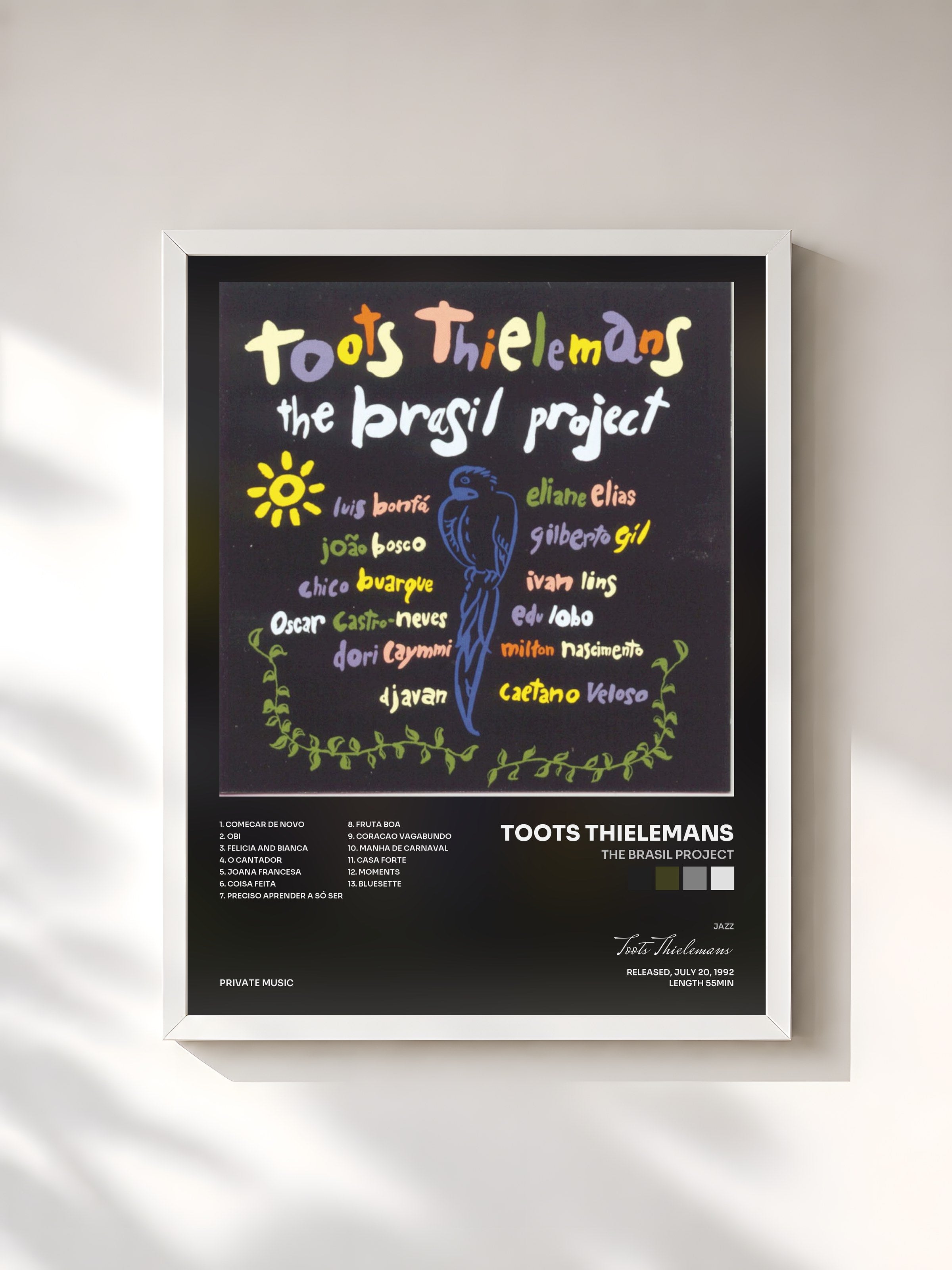 #blanc Tableau de l'album The Brasil Project de Toots Thielemans, cadre blanc, imprimé et encadré en France
