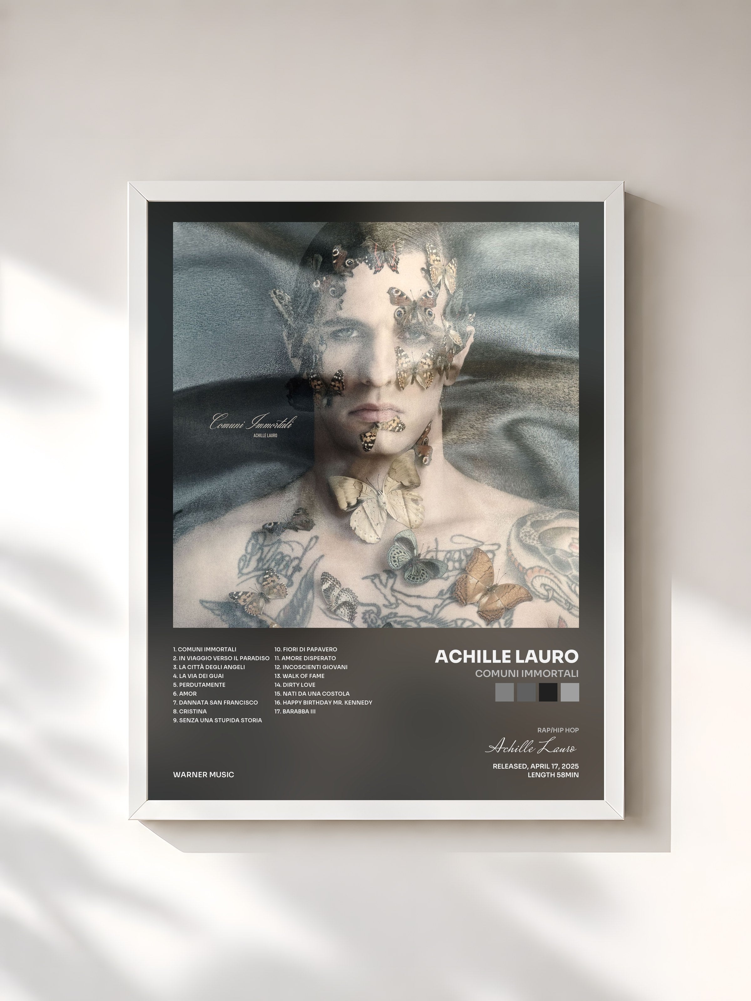 #blanc Tableau de l'album Comuni Immortali de Achille Lauro, cadre blanc, imprimé et encadré en France