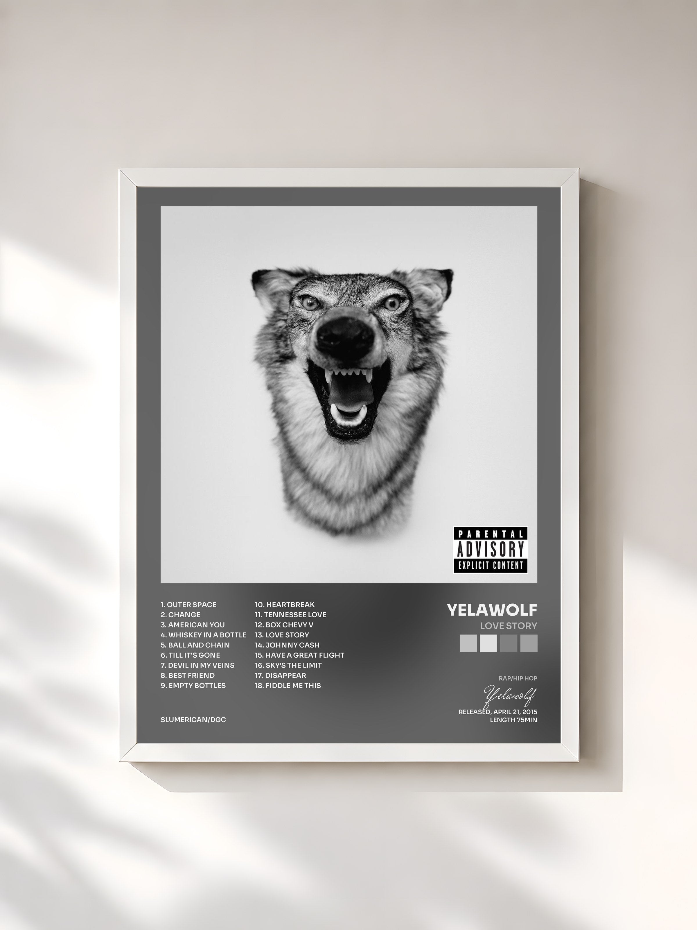 #blanc Tableau de l'album Love Story de Yelawolf, cadre blanc, imprimé et encadré en France