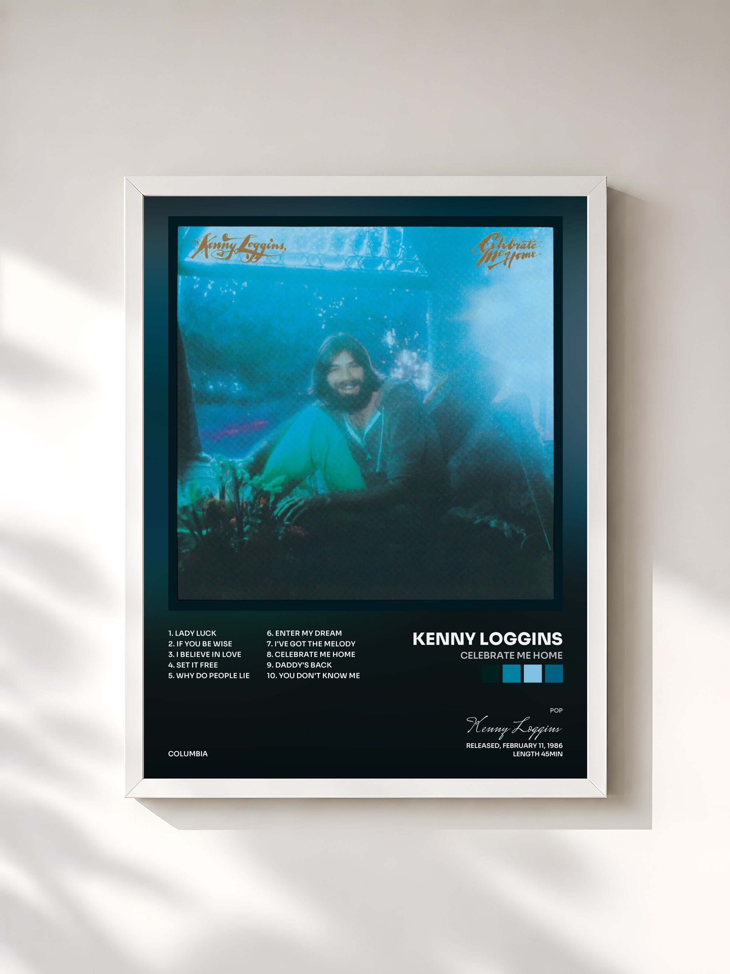 #blanc Tableau de l'album Celebrate Me Home de Kenny Loggins, cadre blanc, imprimé et encadré en France