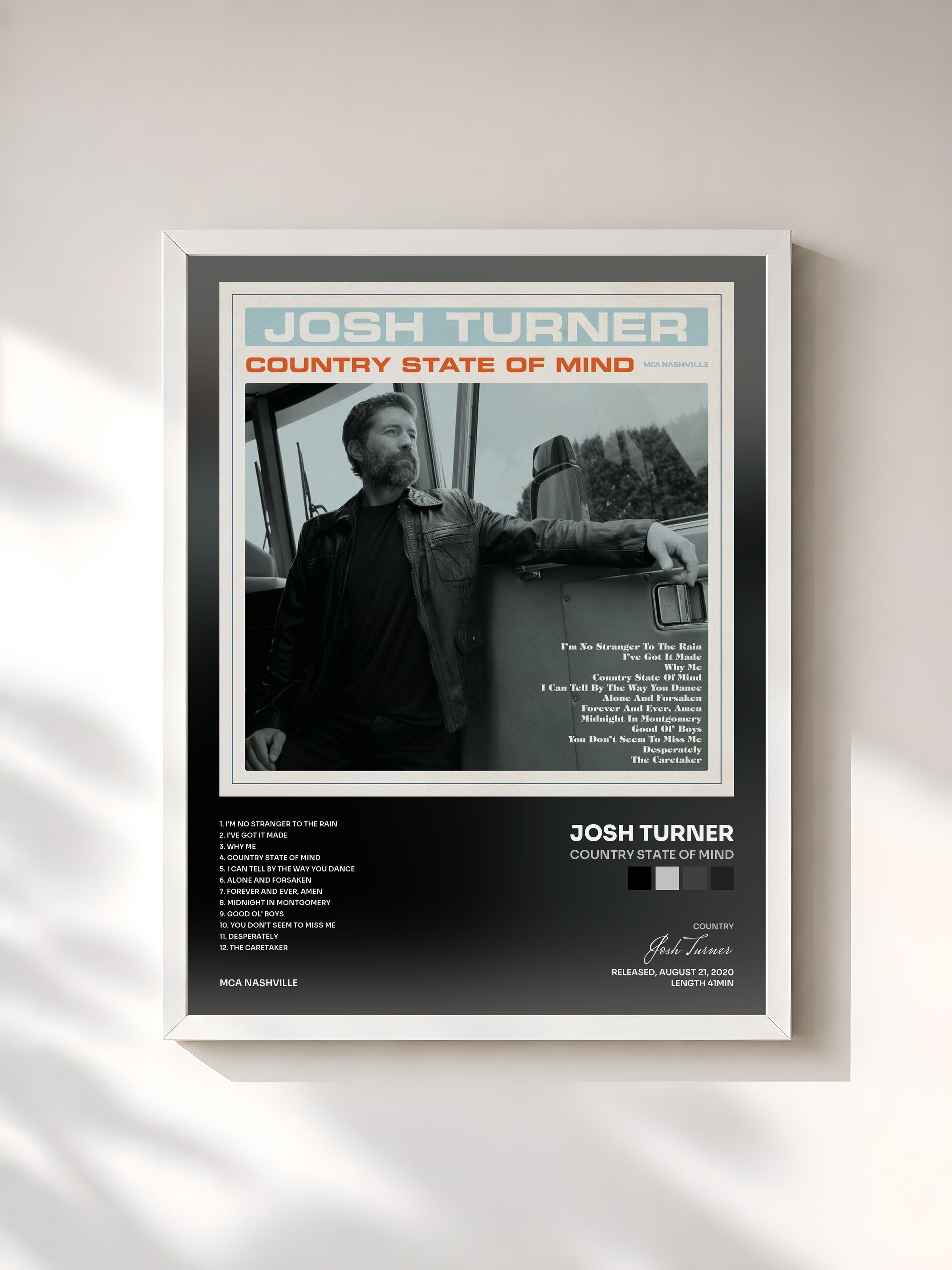 #blanc Tableau de l'album Country State Of Mind de Josh Turner, cadre blanc, imprimé et encadré en France