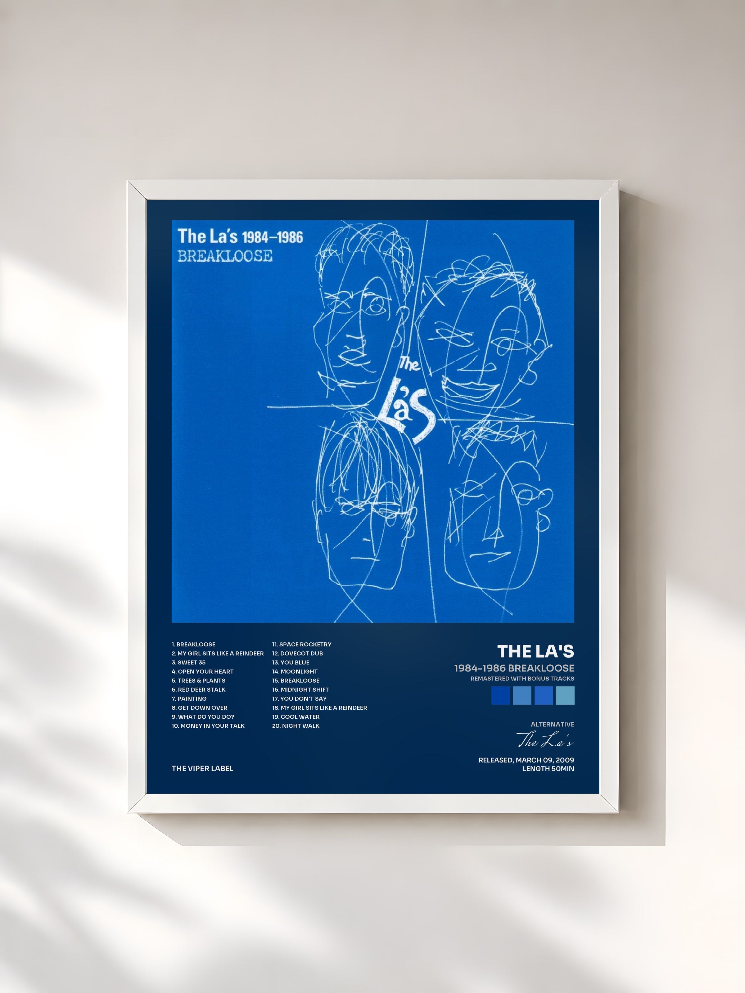 #blanc Tableau de l'album 1984-1986 Breakloose (Remastered with Bonus Tracks) de The La's, cadre blanc, imprimé et encadré en France