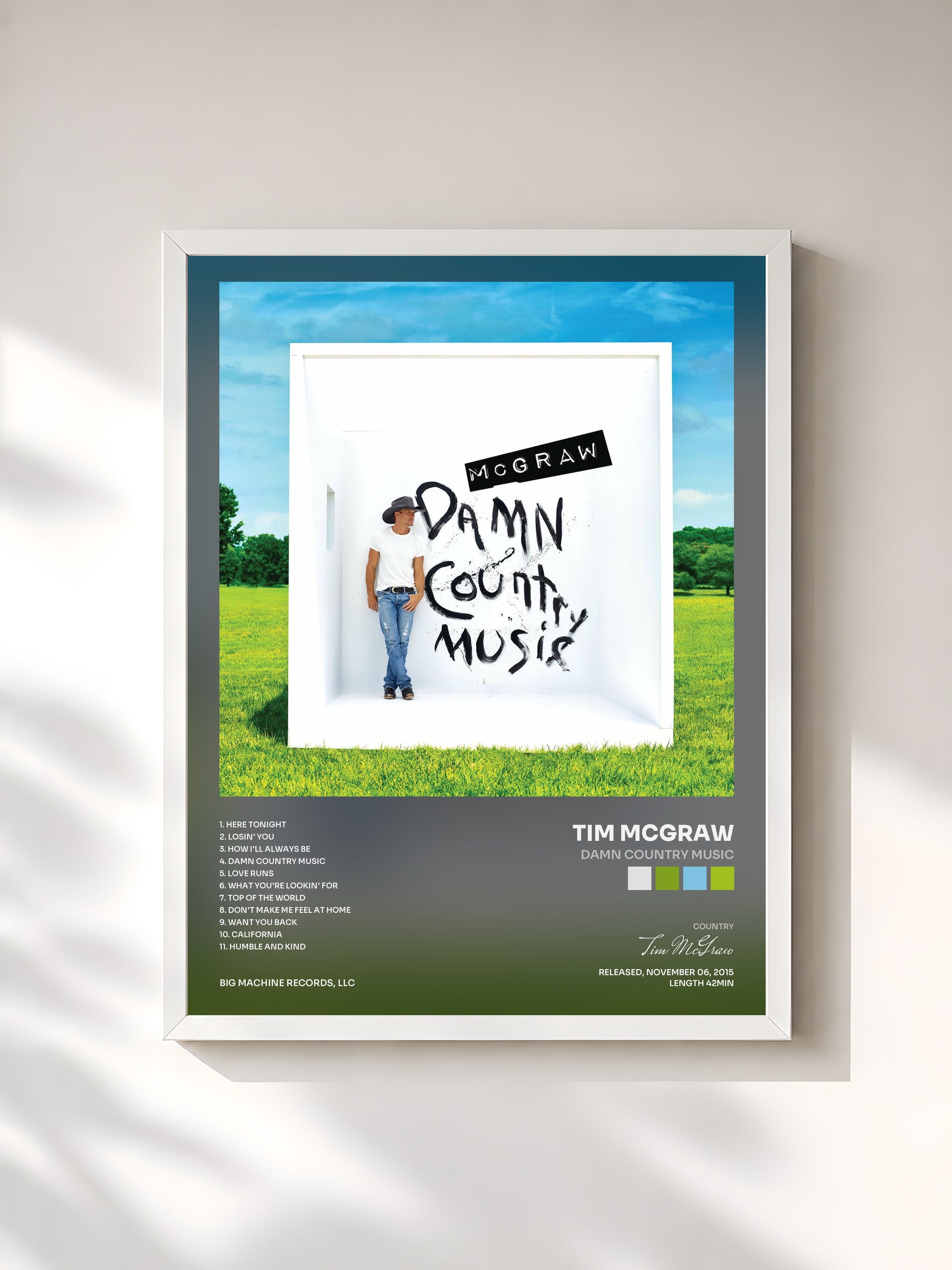 #blanc Tableau de l'album Damn Country Music de Tim McGraw, cadre blanc, imprimé et encadré en France