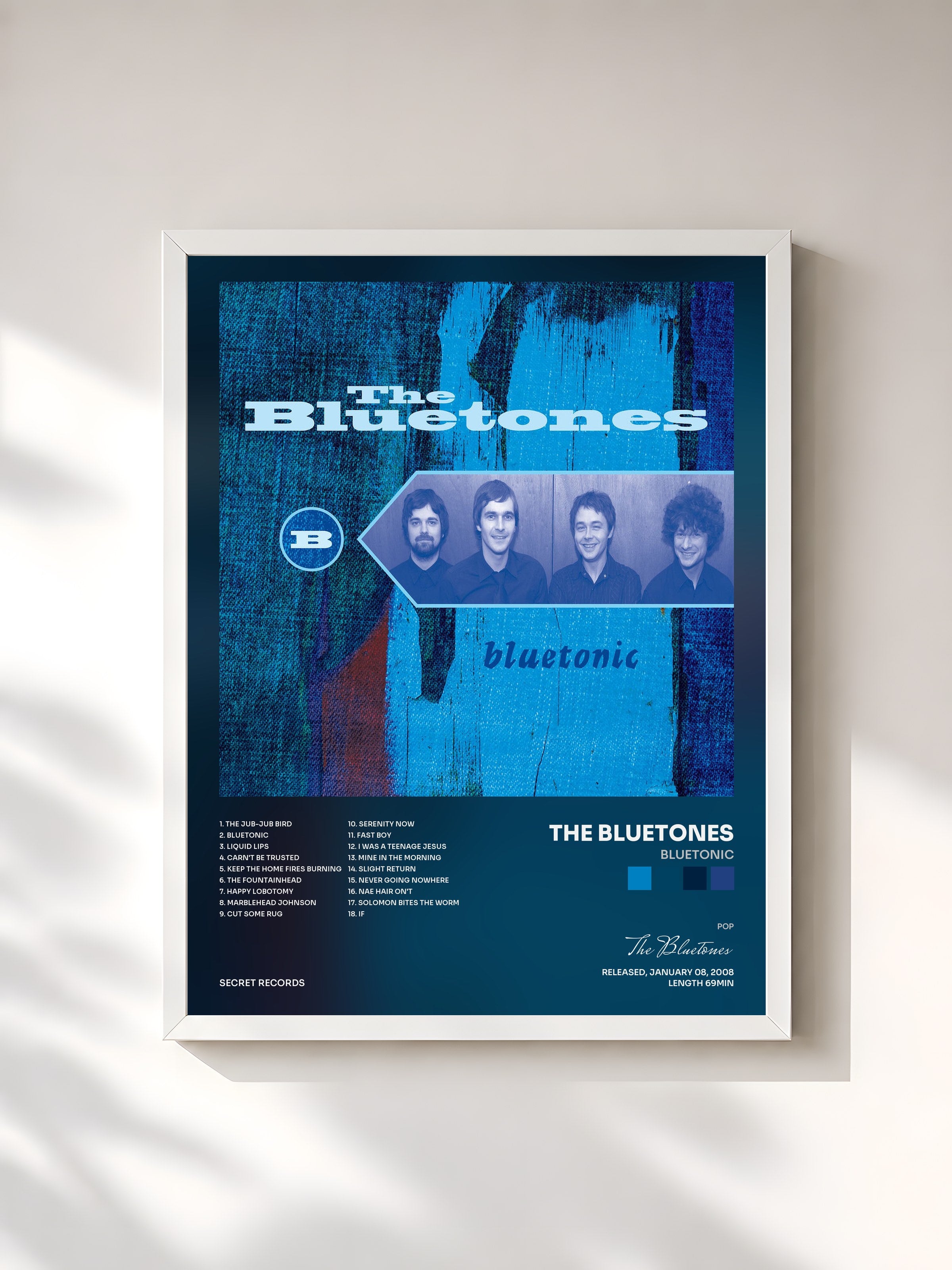 #blanc Tableau de l'album Bluetonic de The Bluetones, cadre blanc, imprimé et encadré en France