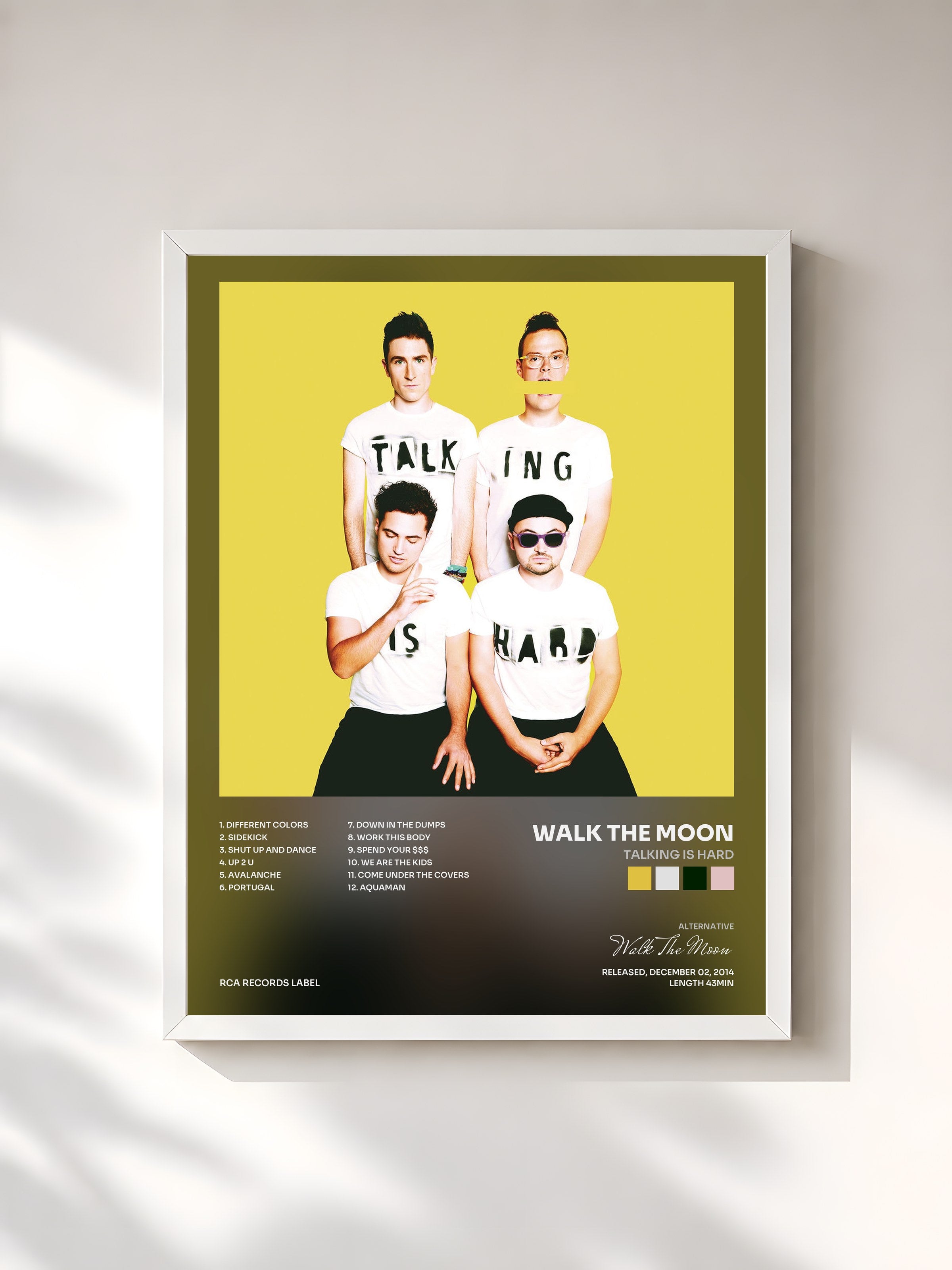 #blanc Tableau de l'album TALKING IS HARD de Walk The Moon, cadre blanc, imprimé et encadré en France