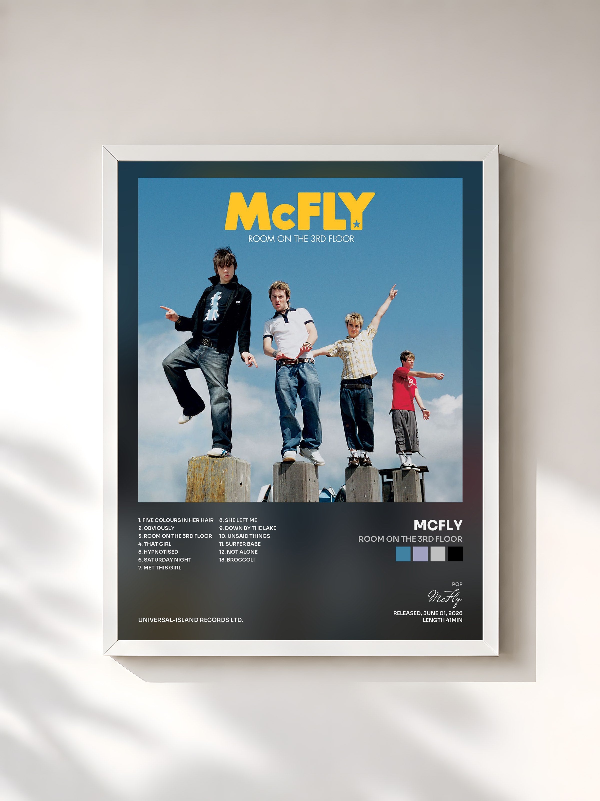 #blanc Tableau de l'album Room On The 3rd Floor de McFly, cadre blanc, imprimé et encadré en France