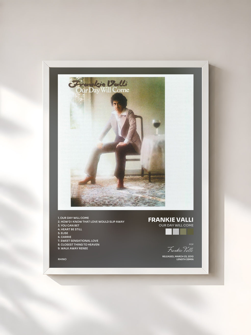 #blanc Tableau de l'album Our Day Will Come de Frankie Valli, cadre blanc, imprimé et encadré en France