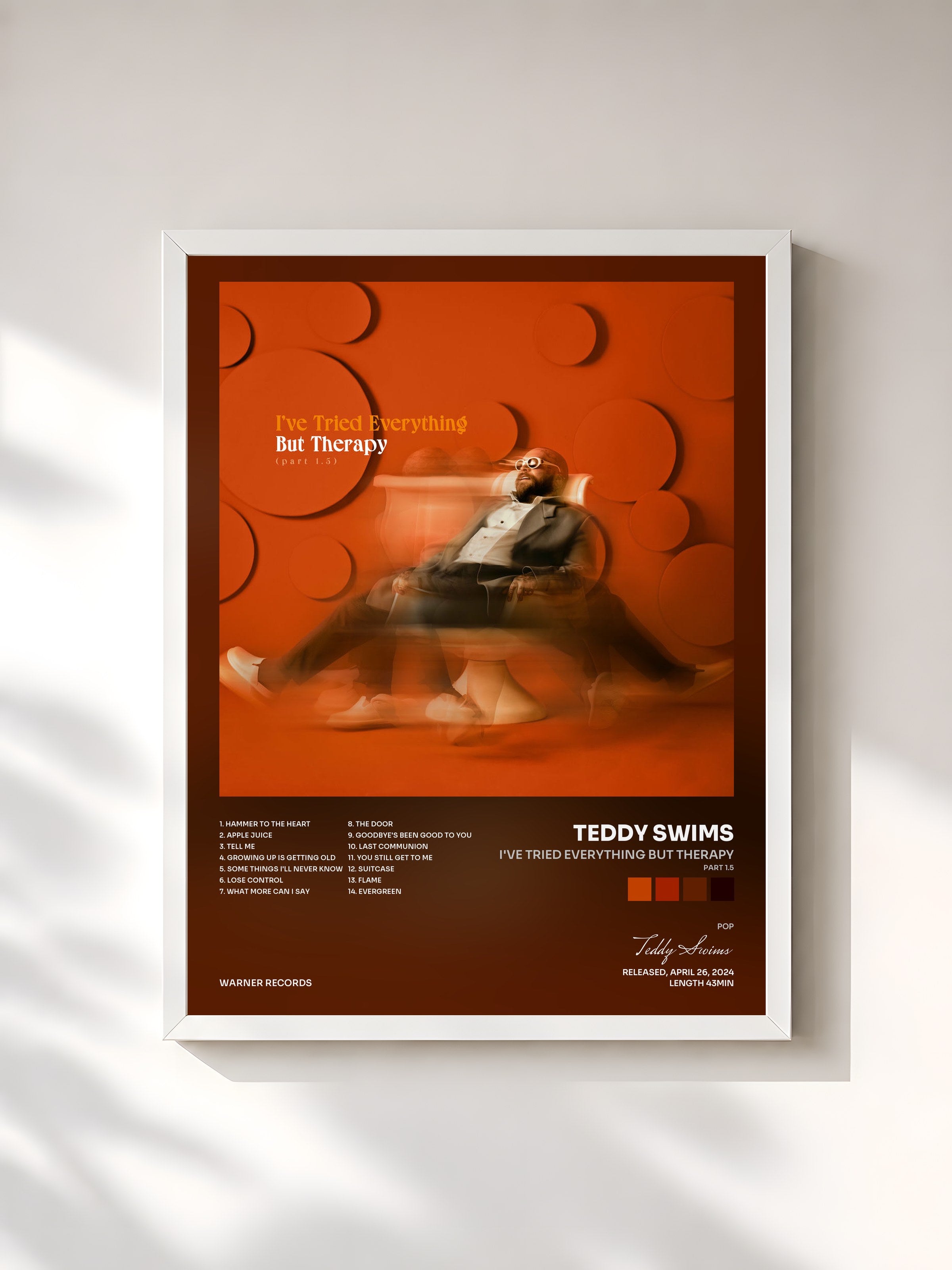 #blanc Tableau de l'album I've Tried Everything But Therapy (Part 1.5) de Teddy Swims, cadre blanc, imprimé et encadré en France