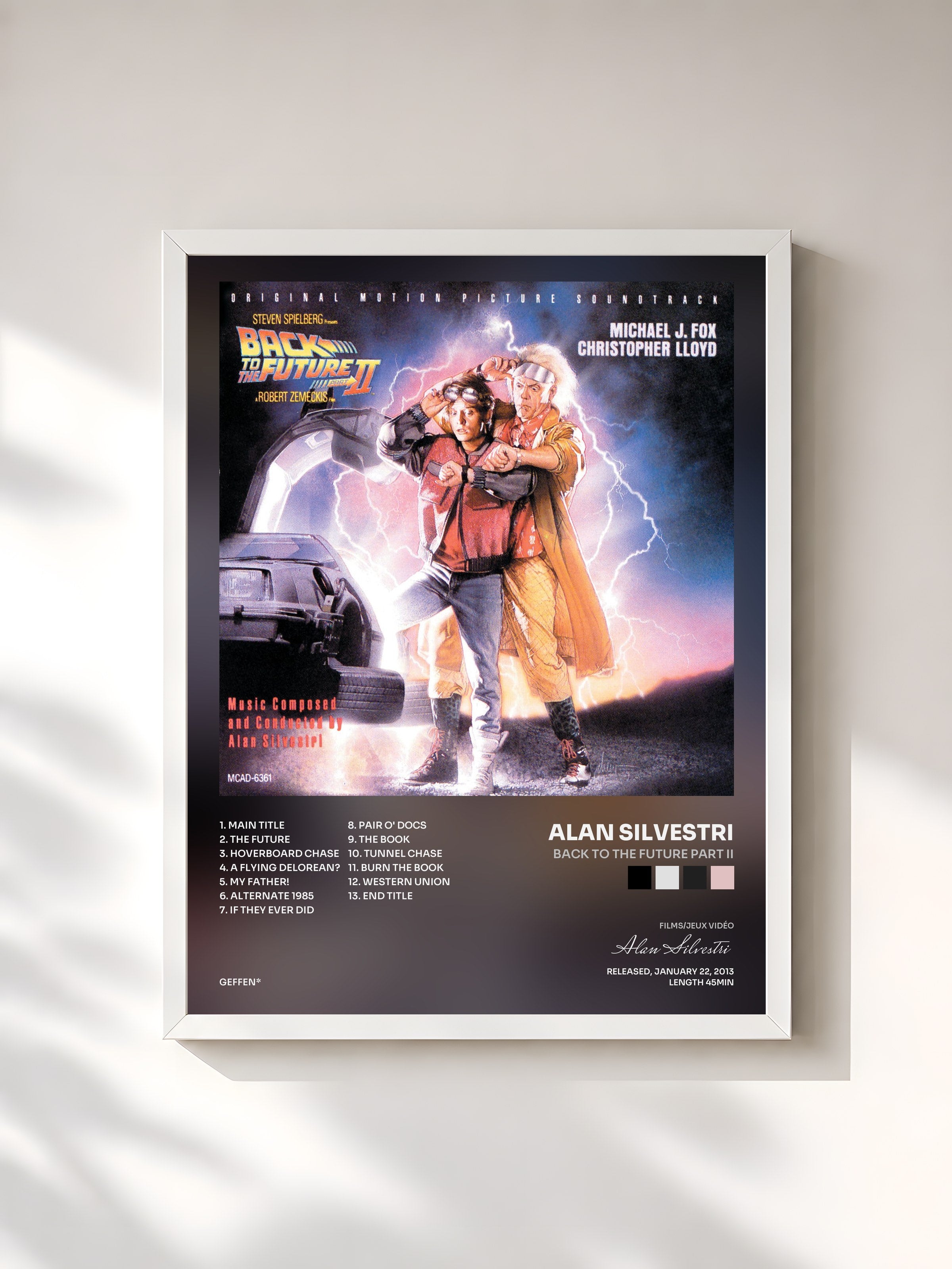 #blanc Tableau de l'album Back To The Future Part II de Alan Silvestri, cadre blanc, imprimé et encadré en France
