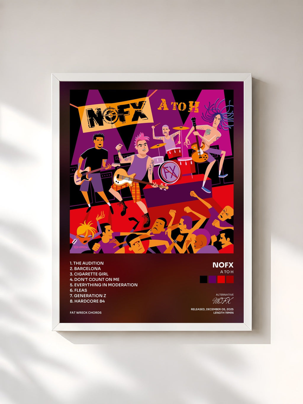 #blanc Tableau de l'album A to H de NOFX, cadre blanc, imprimé et encadré en France