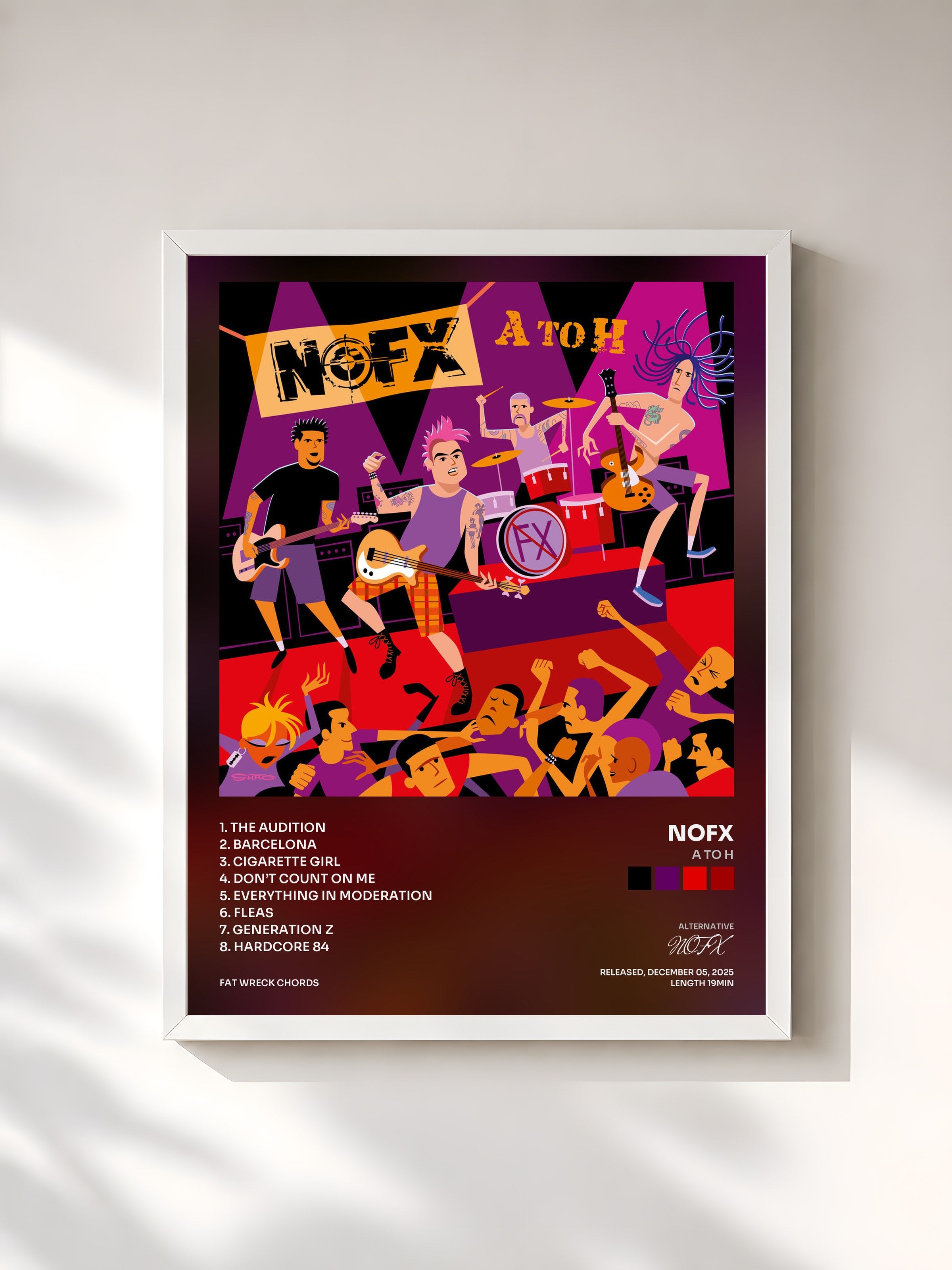 #blanc Tableau de l'album A to H de NOFX, cadre blanc, imprimé et encadré en France