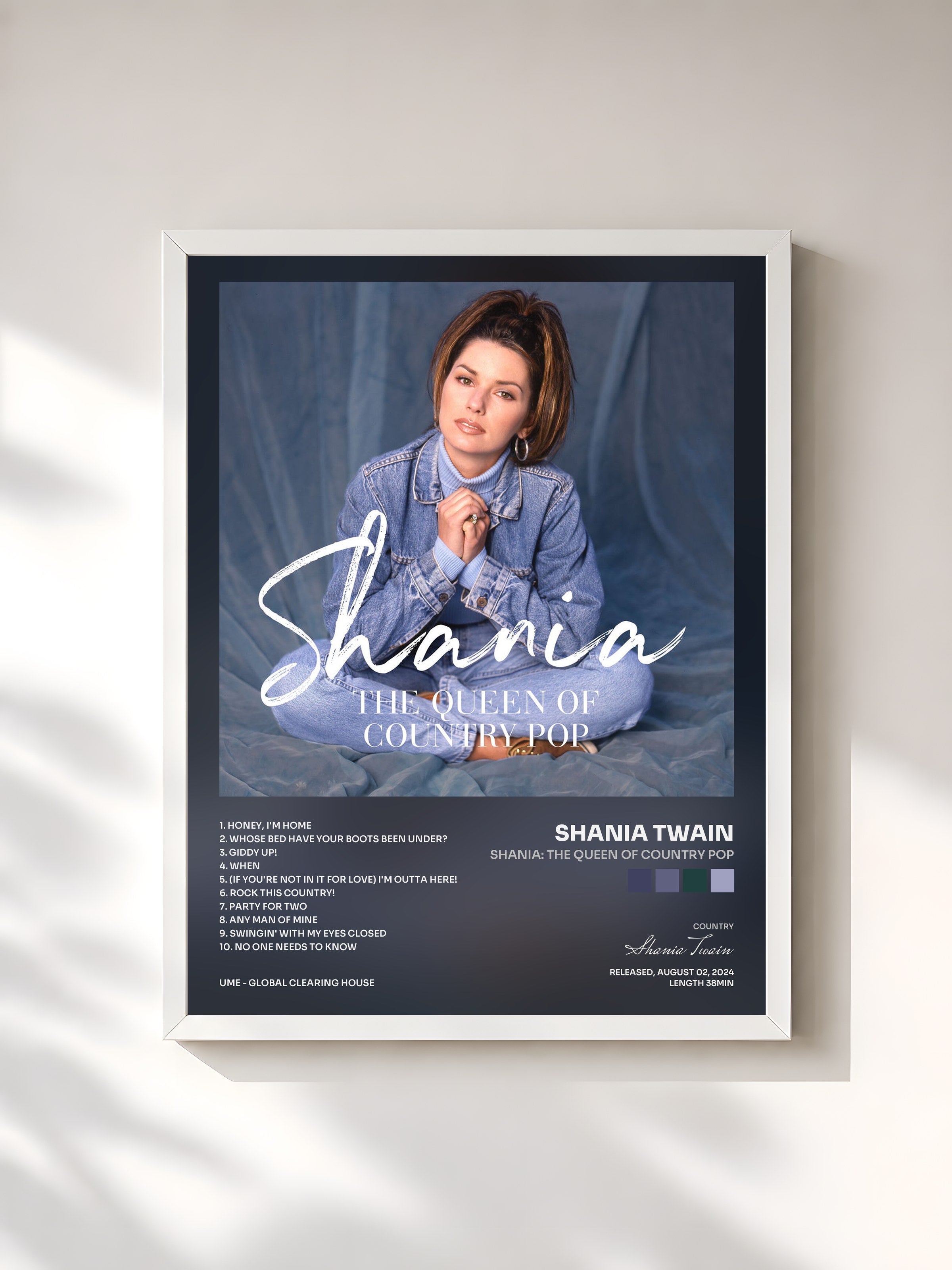 #blanc Tableau de l'album Shania: The Queen Of Country Pop de Shania Twain, cadre blanc, imprimé et encadré en France