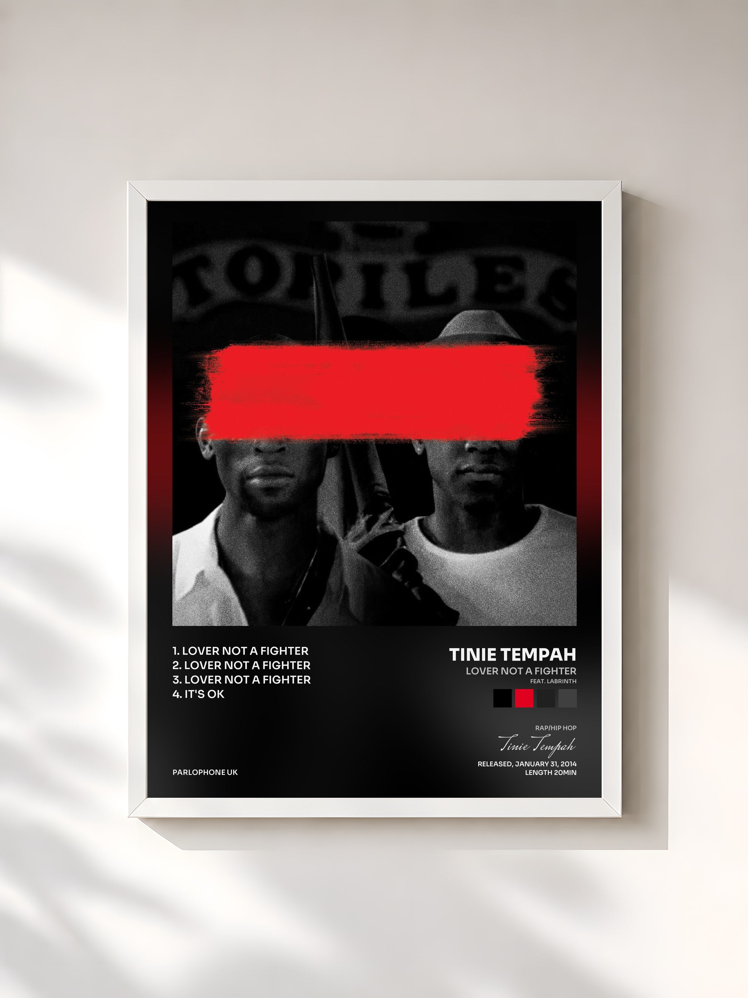 #blanc Tableau de l'album Lover Not a Fighter (feat. Labrinth) EP de Tinie Tempah, cadre blanc, imprimé et encadré en France