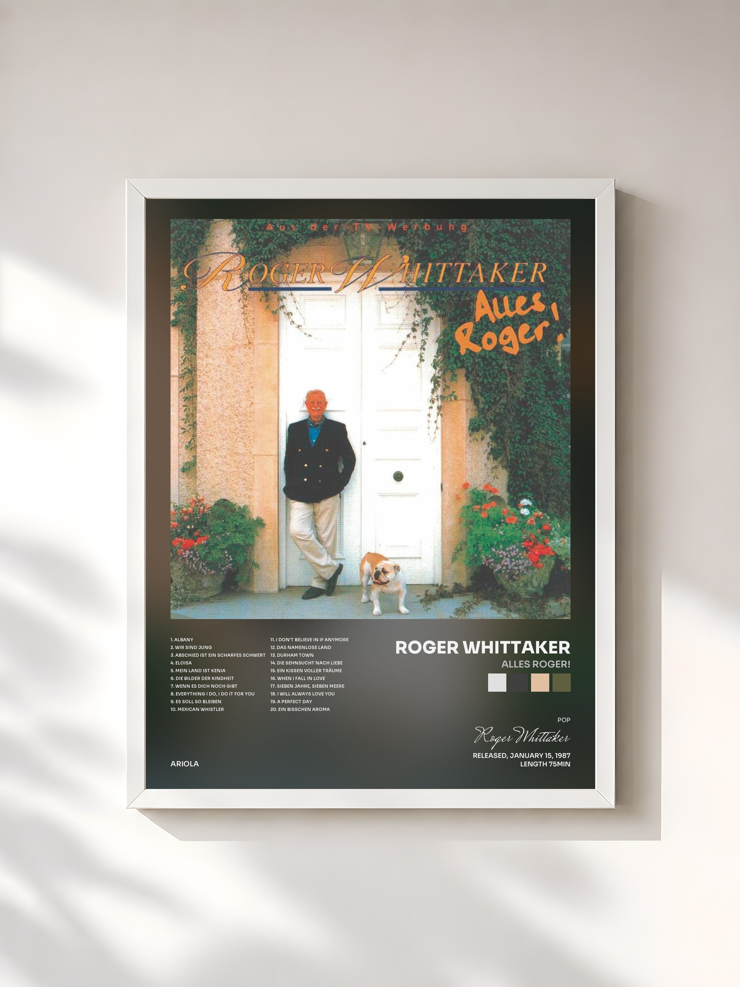 #blanc Tableau de l'album Alles Roger! de Roger Whittaker, cadre blanc, imprimé et encadré en France