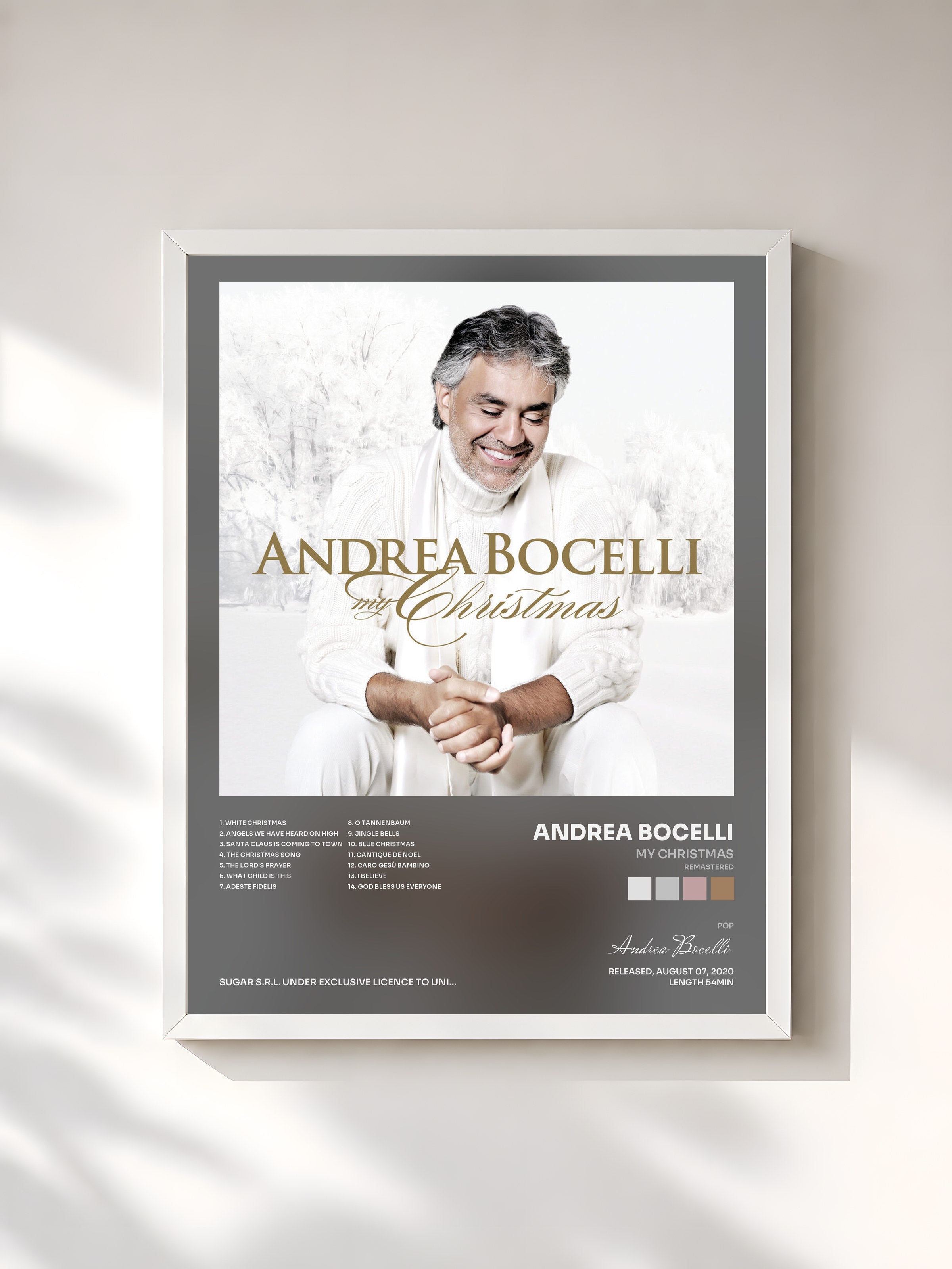 #blanc Tableau de l'album My Christmas (Remastered) de Andrea Bocelli, cadre blanc, imprimé et encadré en France