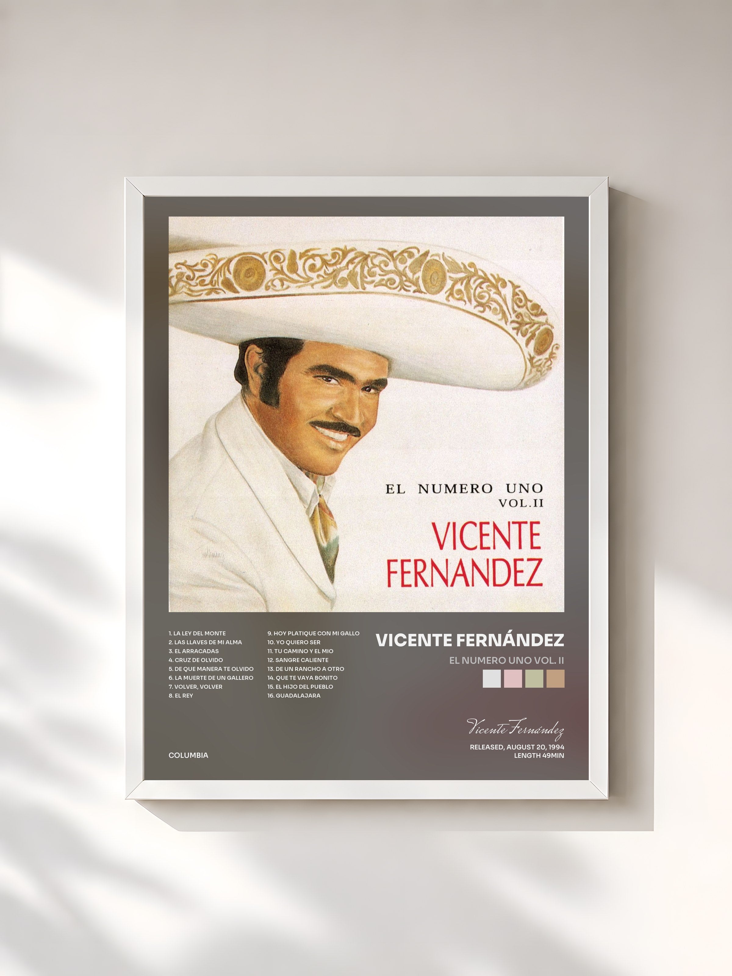 #blanc Tableau de l'album El Numero Uno Vol. II de Vicente Fernández, cadre blanc, imprimé et encadré en France
