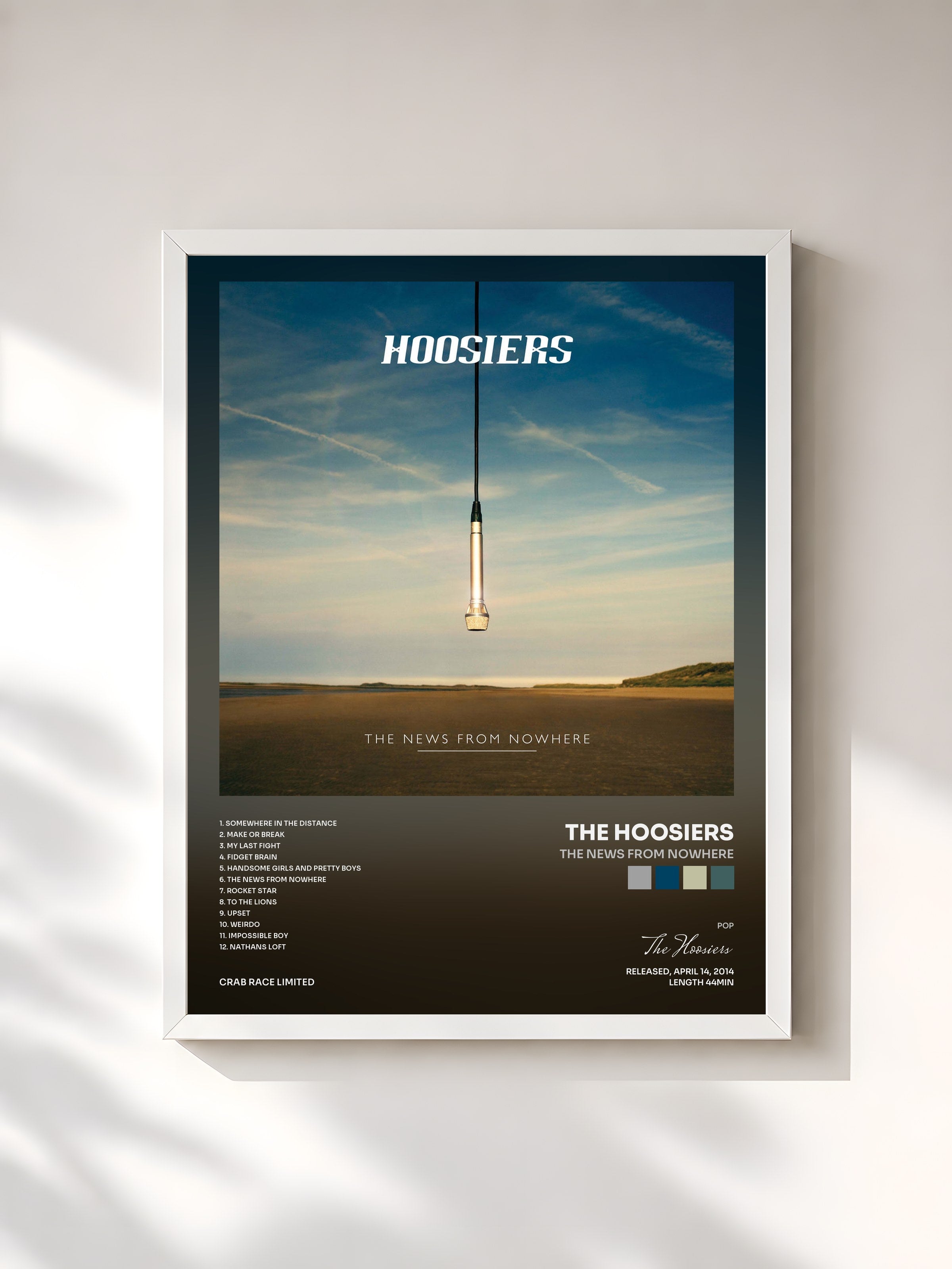 #blanc Tableau de l'album The News From Nowhere de The Hoosiers, cadre blanc, imprimé et encadré en France