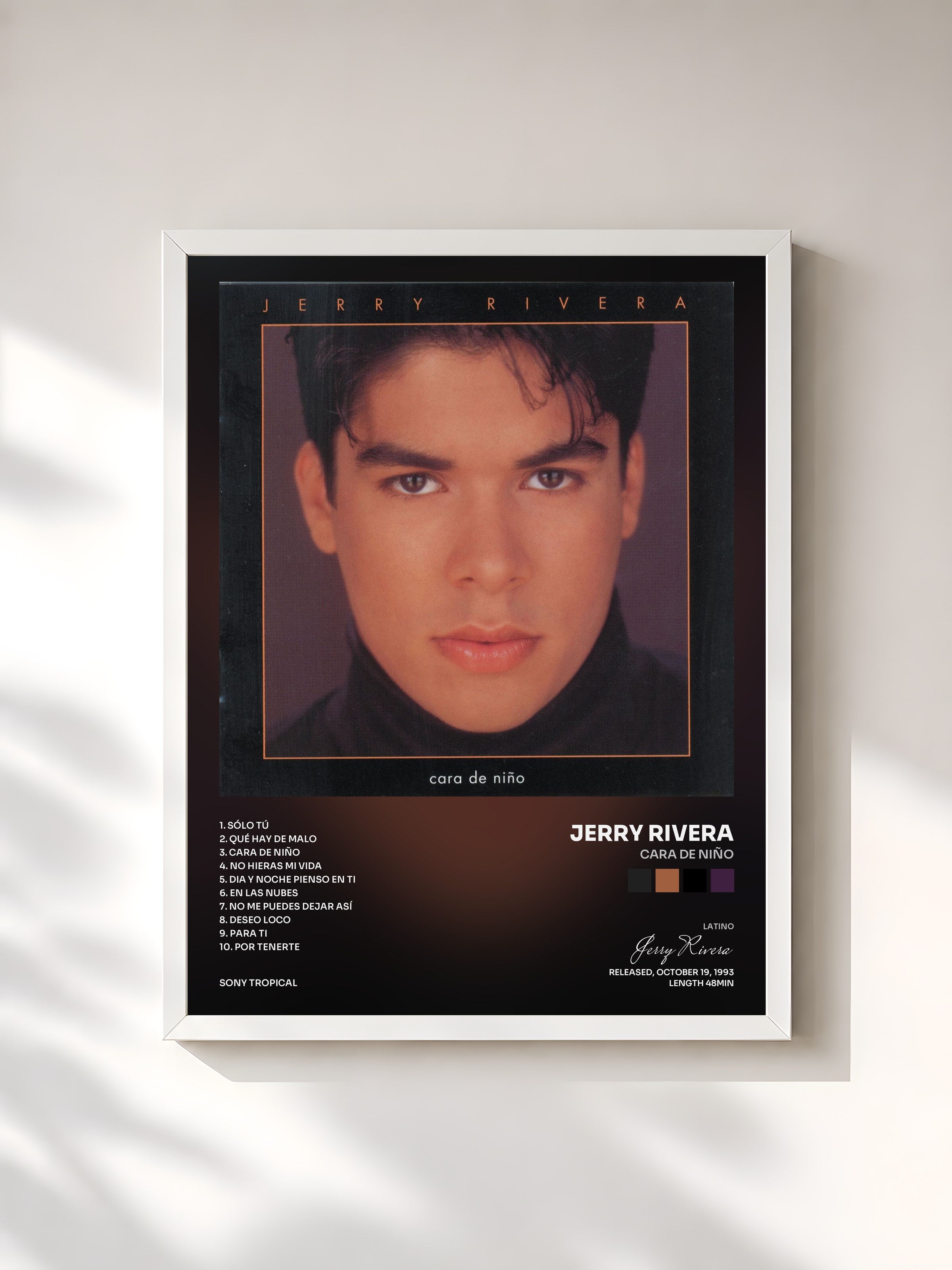 #blanc Tableau de l'album Cara De Niño de Jerry Rivera, cadre blanc, imprimé et encadré en France