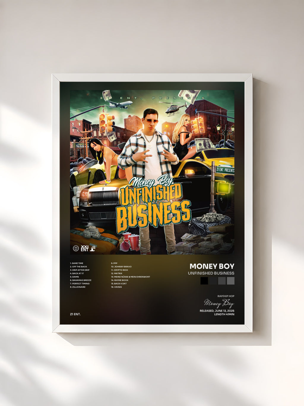#blanc Tableau de l'album Unfinished Business de Money Boy, cadre blanc, imprimé et encadré en France