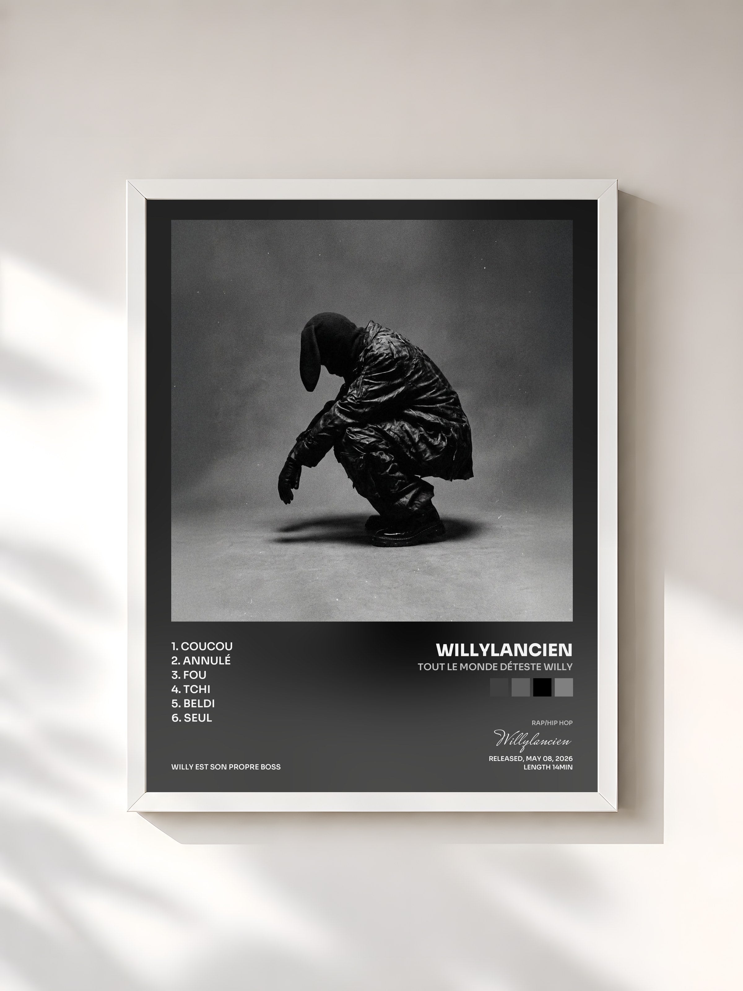 #blanc Tableau de l'album tout le monde déteste willy de Willylancien, cadre blanc, imprimé et encadré en France