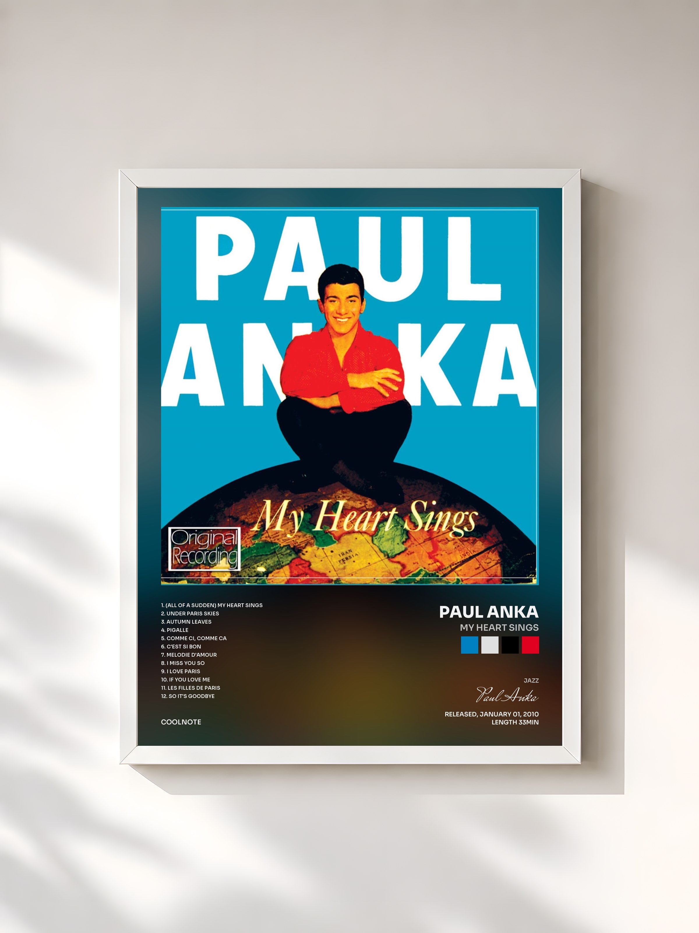 #blanc Tableau de l'album My Heart Sings de Paul Anka, cadre blanc, imprimé et encadré en France