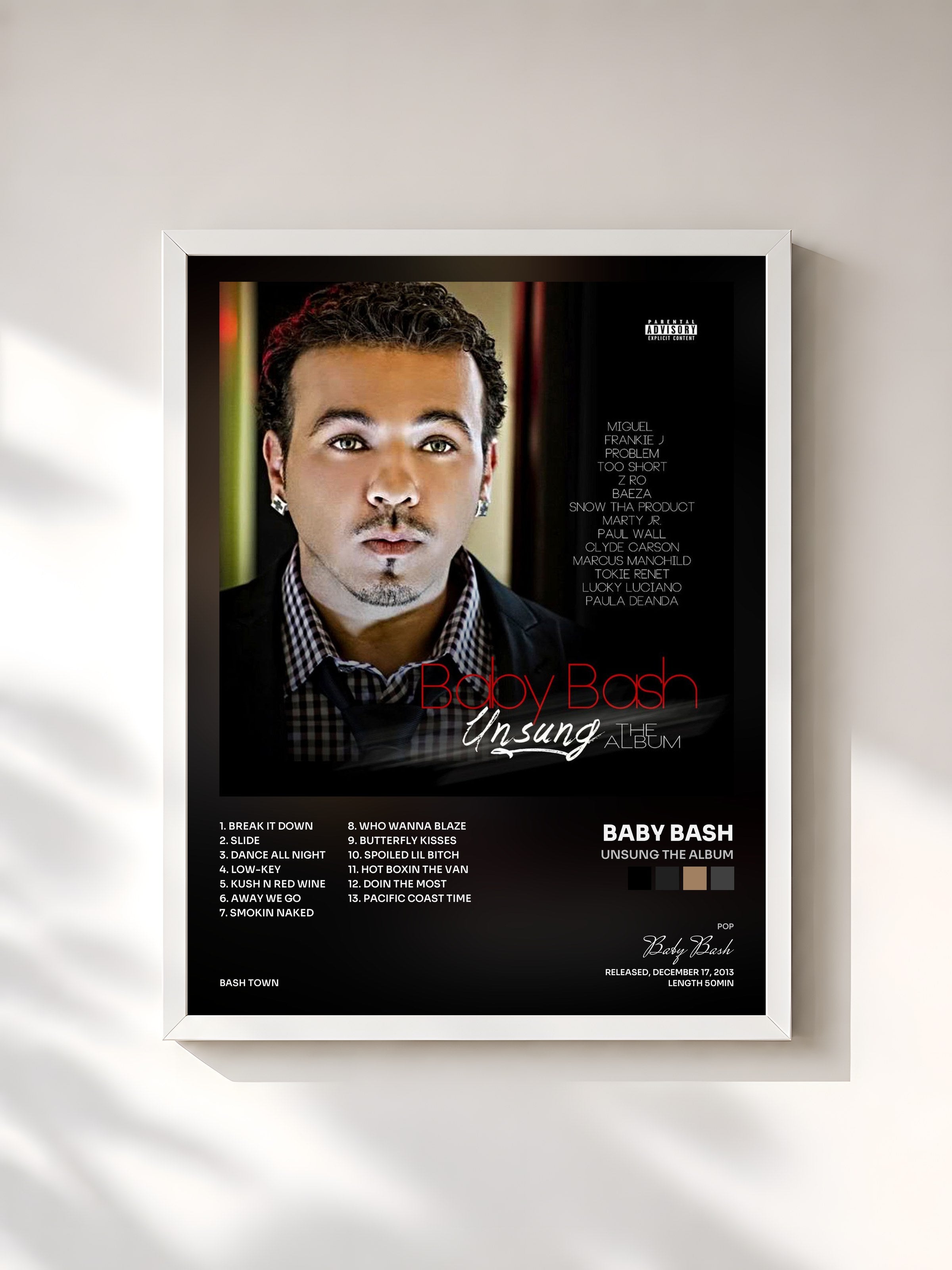 #blanc Tableau de l'album Unsung The Album de Baby Bash, cadre blanc, imprimé et encadré en France