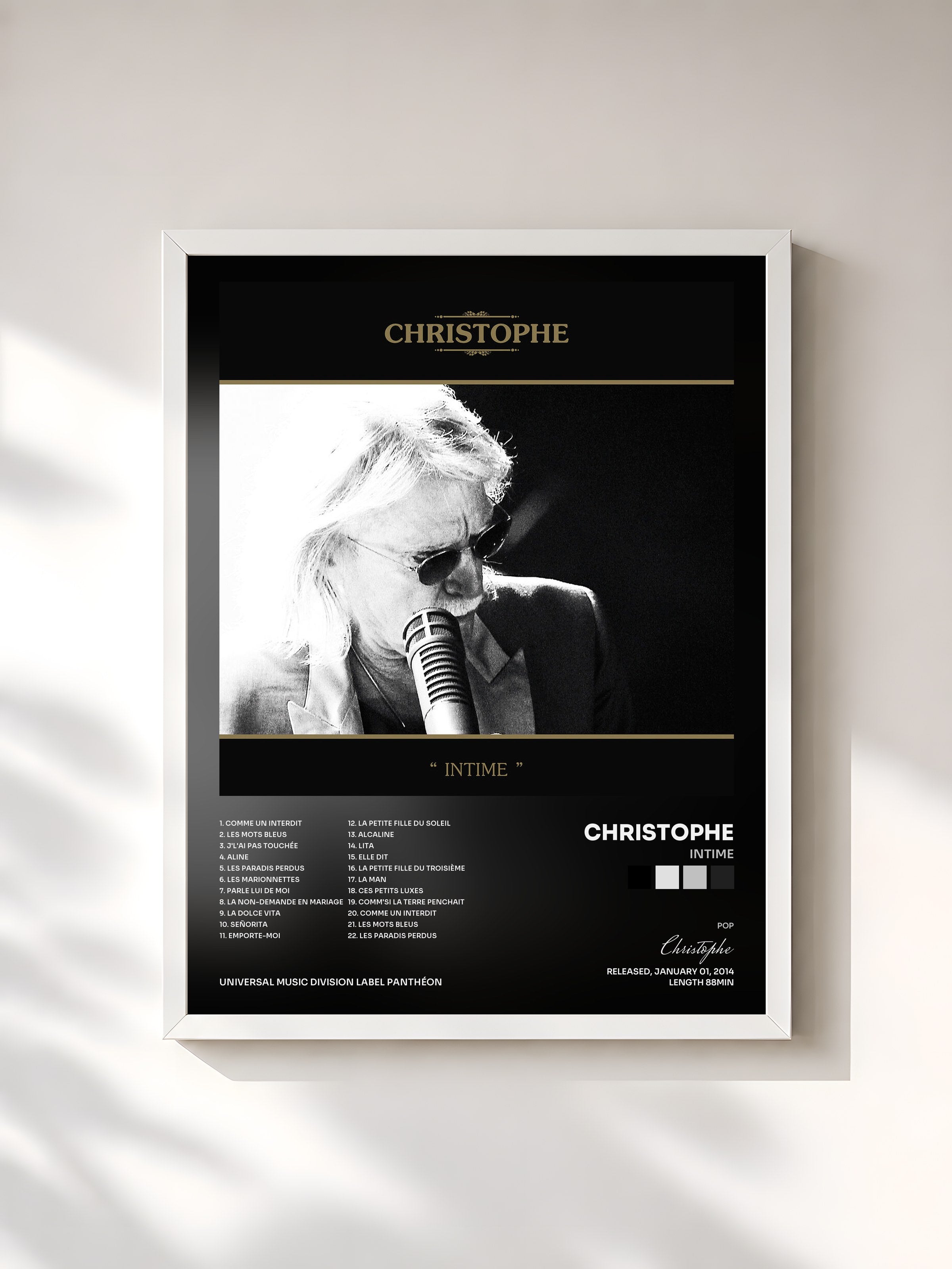 #blanc Tableau de l'album Intime de Christophe, cadre blanc, imprimé et encadré en France