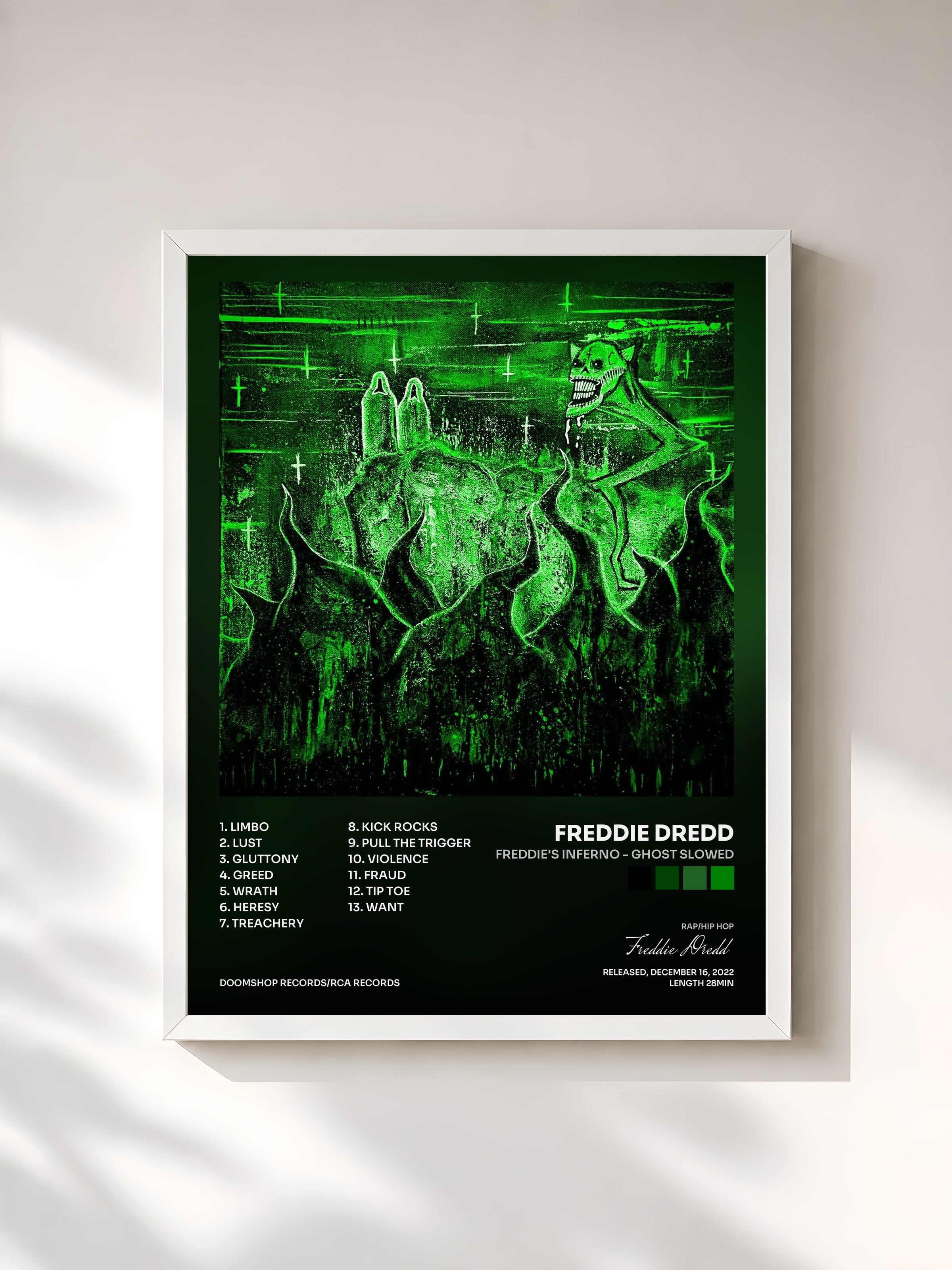 #blanc Tableau de l'album Freddie's Inferno - Ghost Slowed de Freddie Dredd, cadre blanc, imprimé et encadré en France
