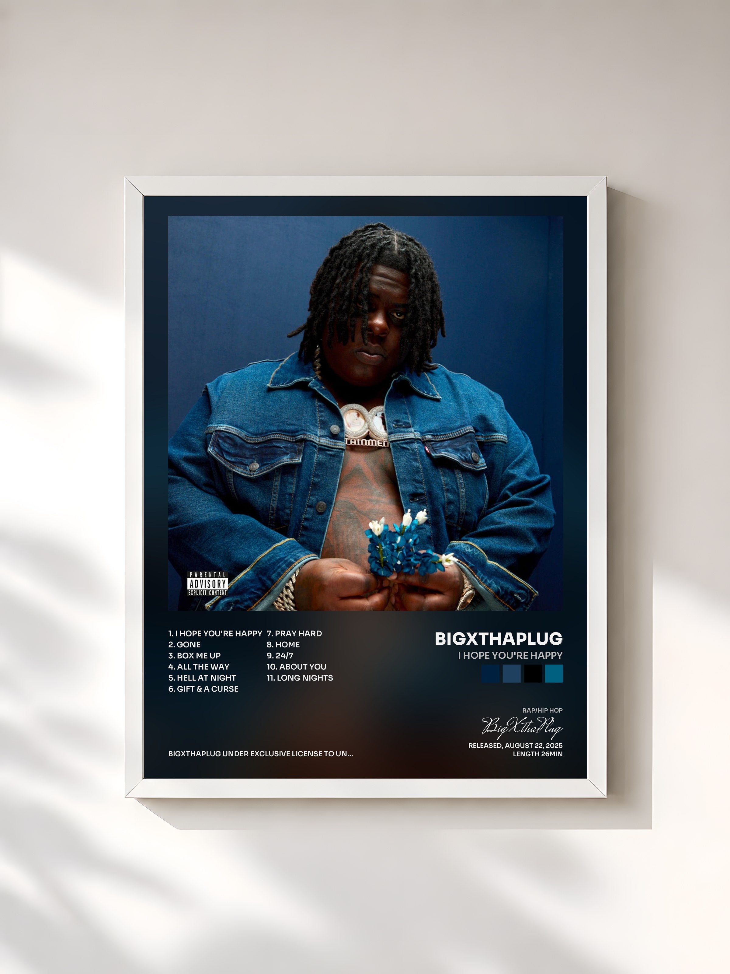 #blanc Tableau de l'album I Hope You're Happy de BigXthaPlug, cadre blanc, imprimé et encadré en France