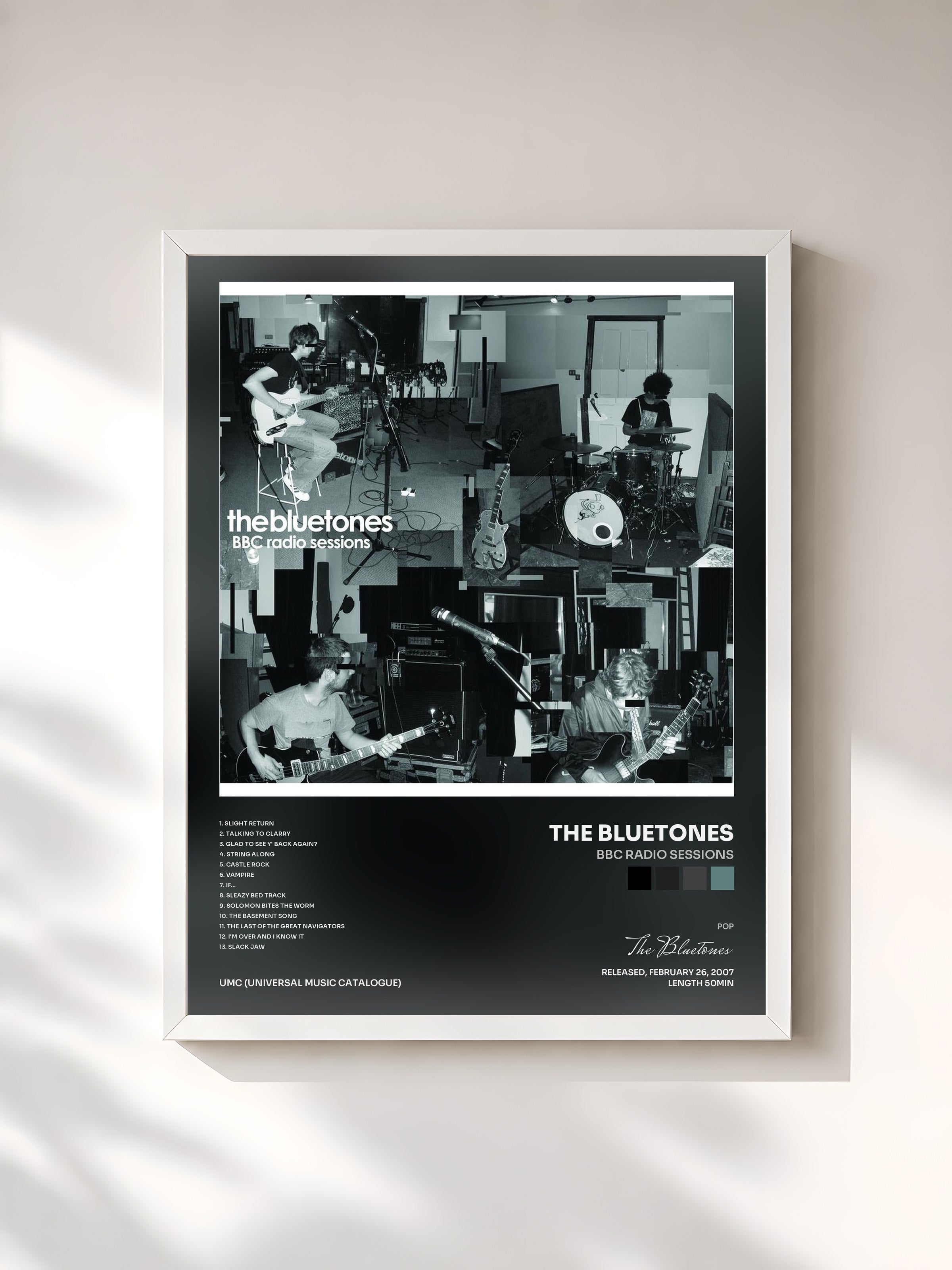 #blanc Tableau de l'album BBC Radio Sessions de The Bluetones, cadre blanc, imprimé et encadré en France