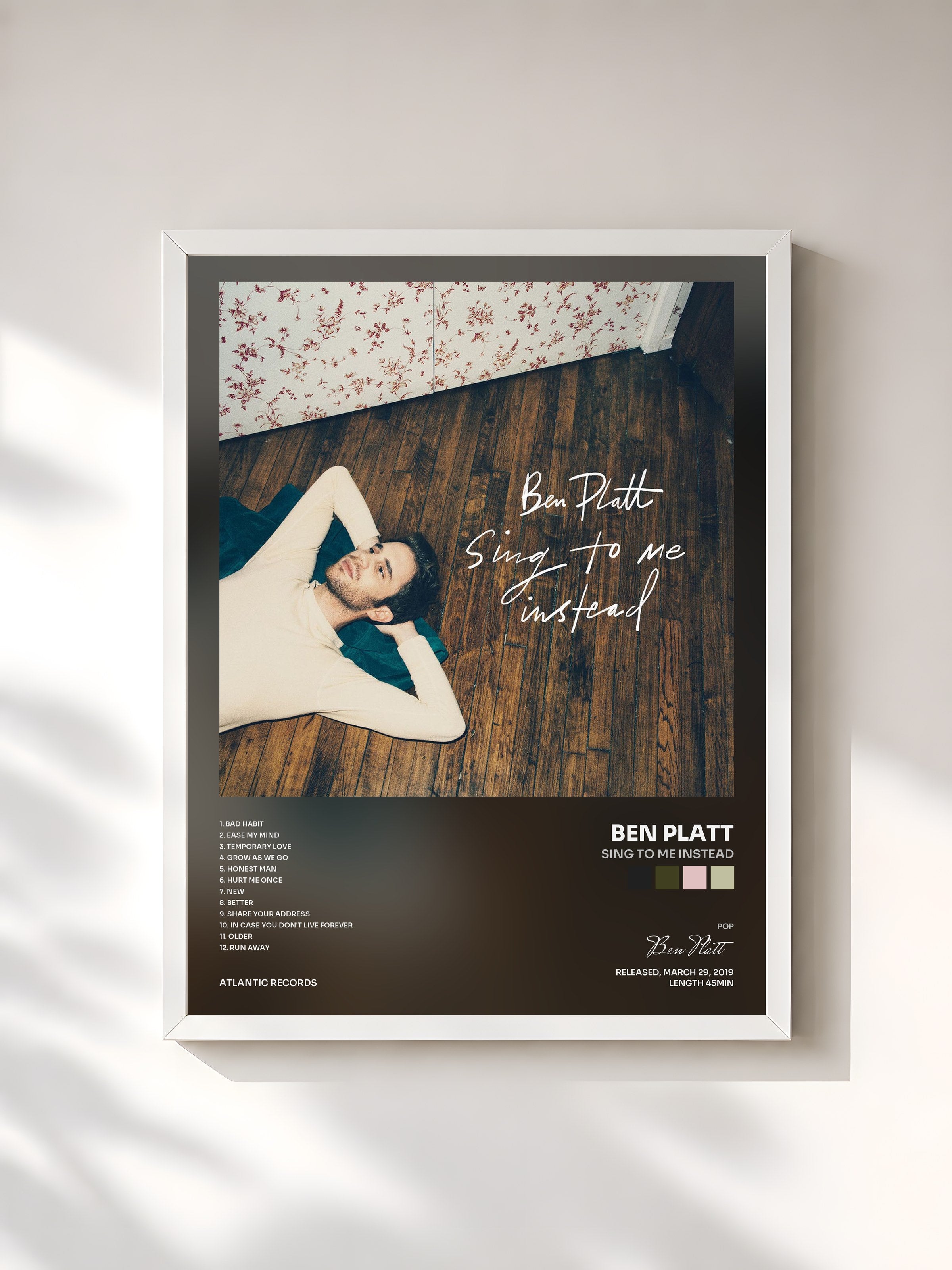 #blanc Tableau de l'album Sing To Me Instead de Ben Platt, cadre blanc, imprimé et encadré en France