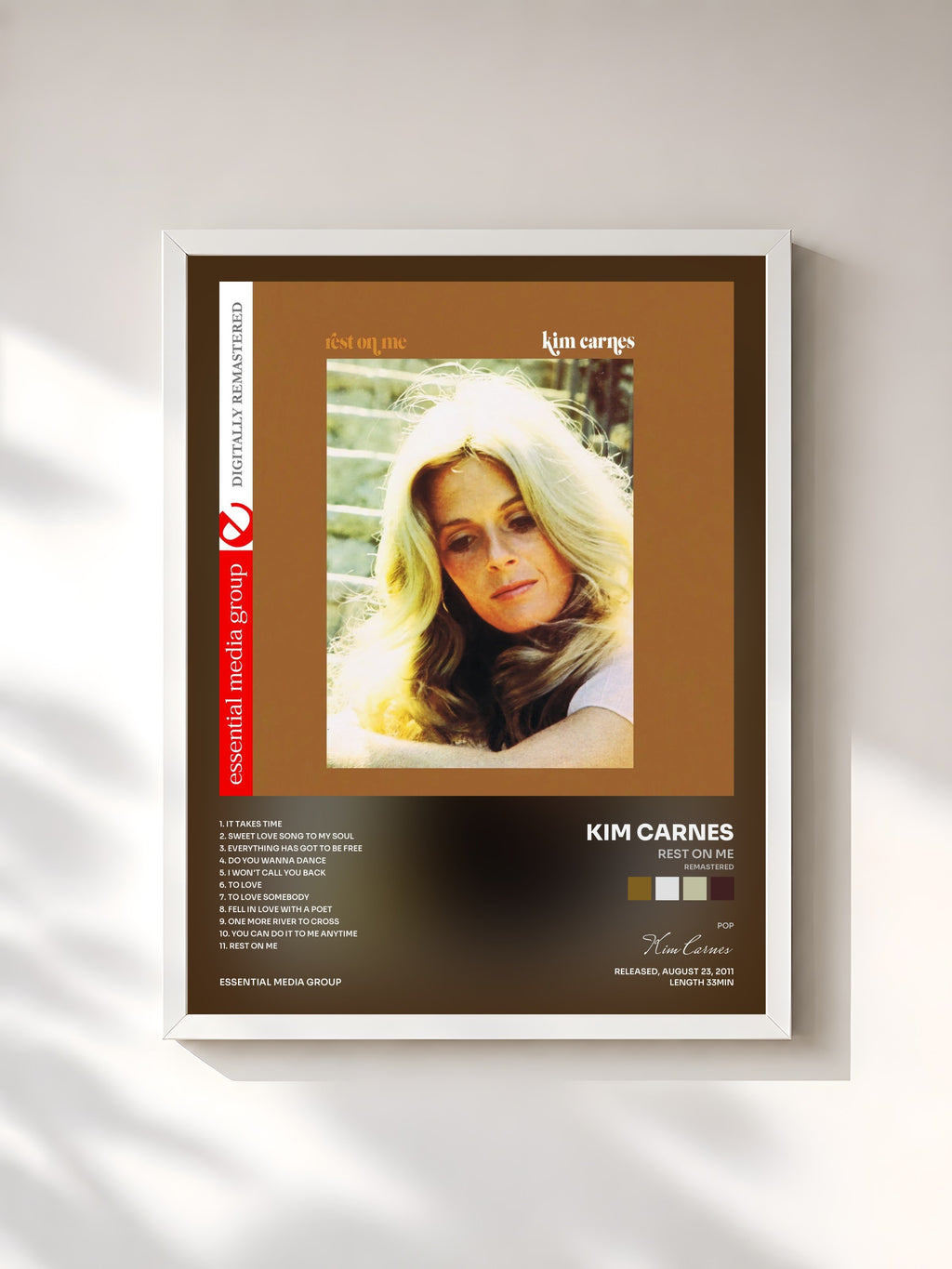 #blanc Tableau de l'album Rest on Me (Remastered) de Kim Carnes, cadre blanc, imprimé et encadré en France