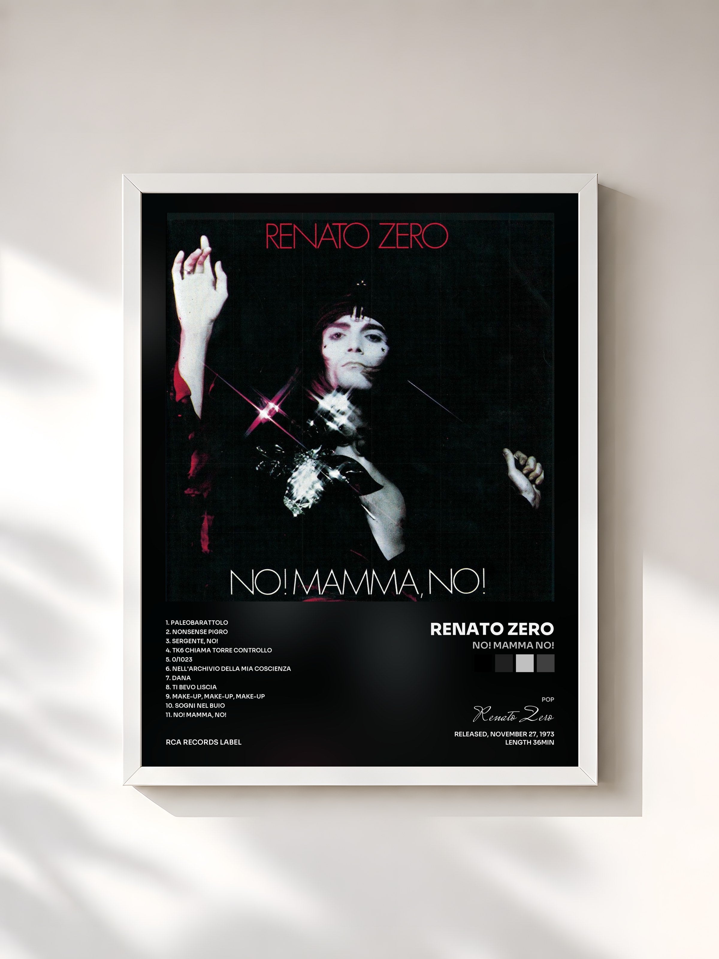 #blanc Tableau de l'album No! Mamma No! de Renato Zero, cadre blanc, imprimé et encadré en France