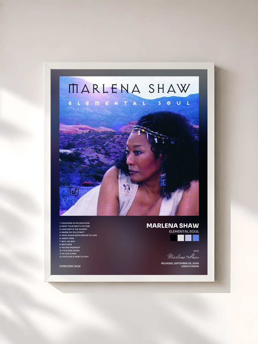 #blanc Tableau de l'album Elemental Soul de Marlena Shaw, cadre blanc, imprimé et encadré en France
